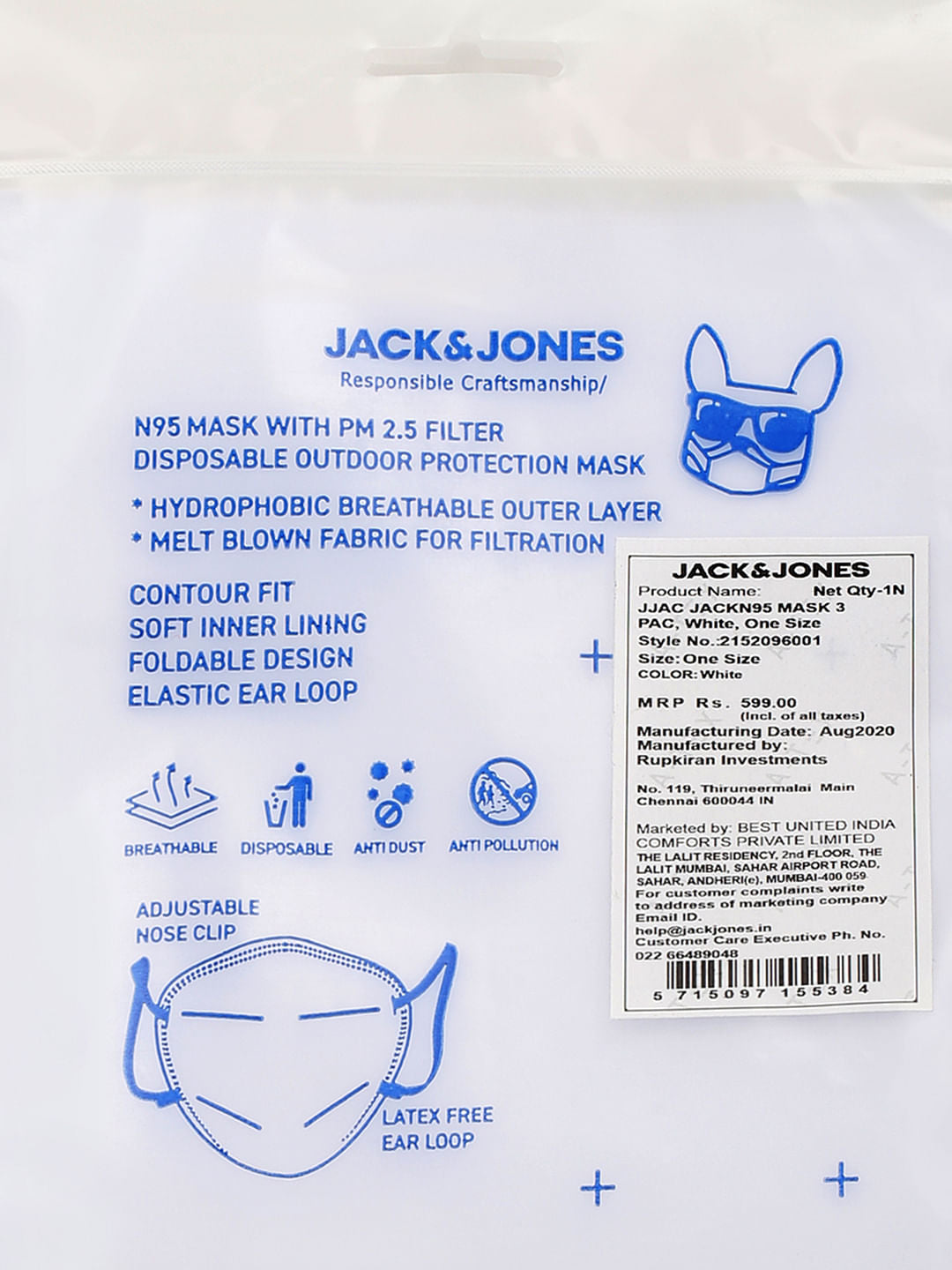 Pack of 3 White Logo Print N95 Mask with PM2.5 Filter