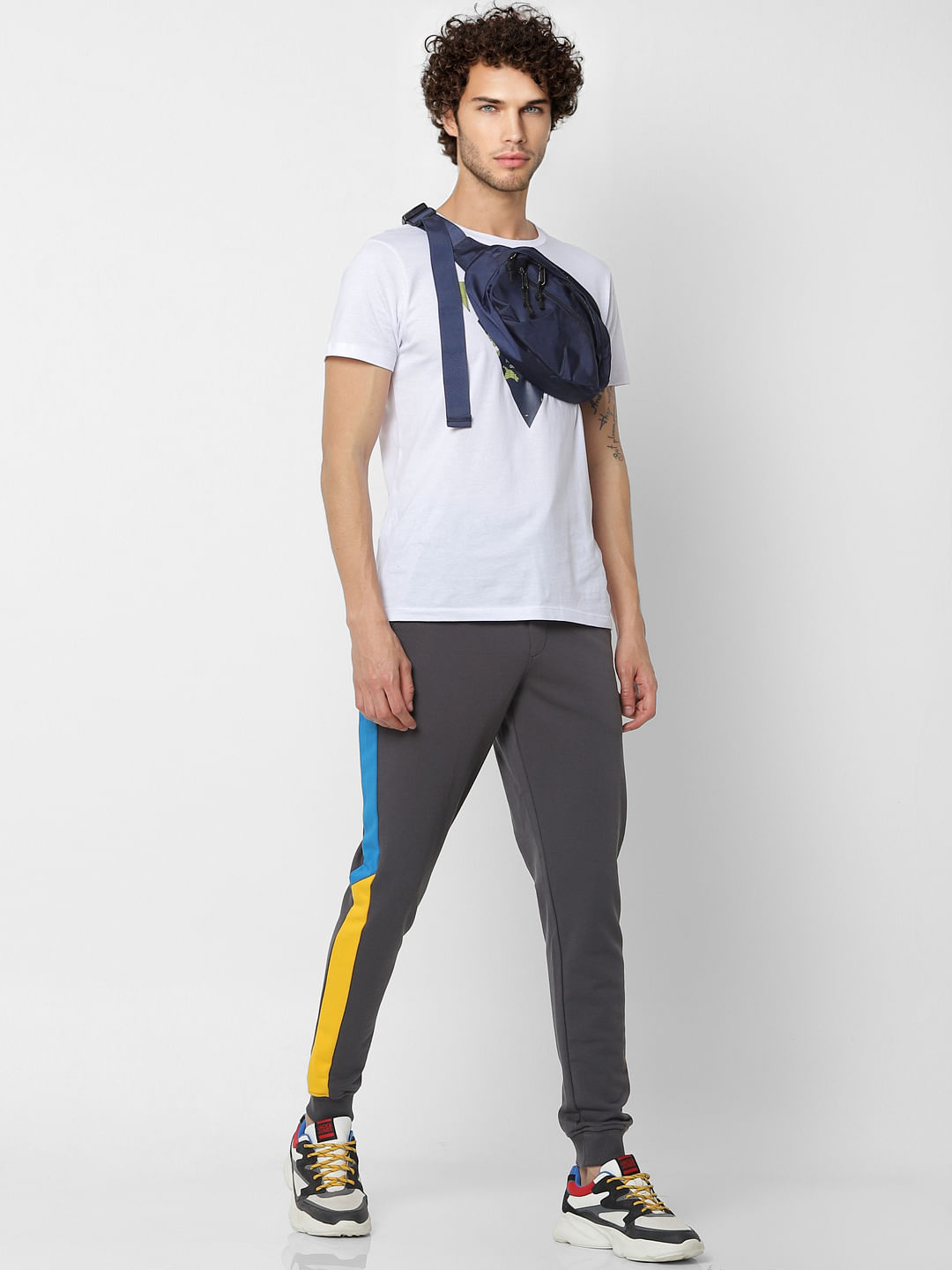 Grey Mid Rise Tape Detail Sweatpants