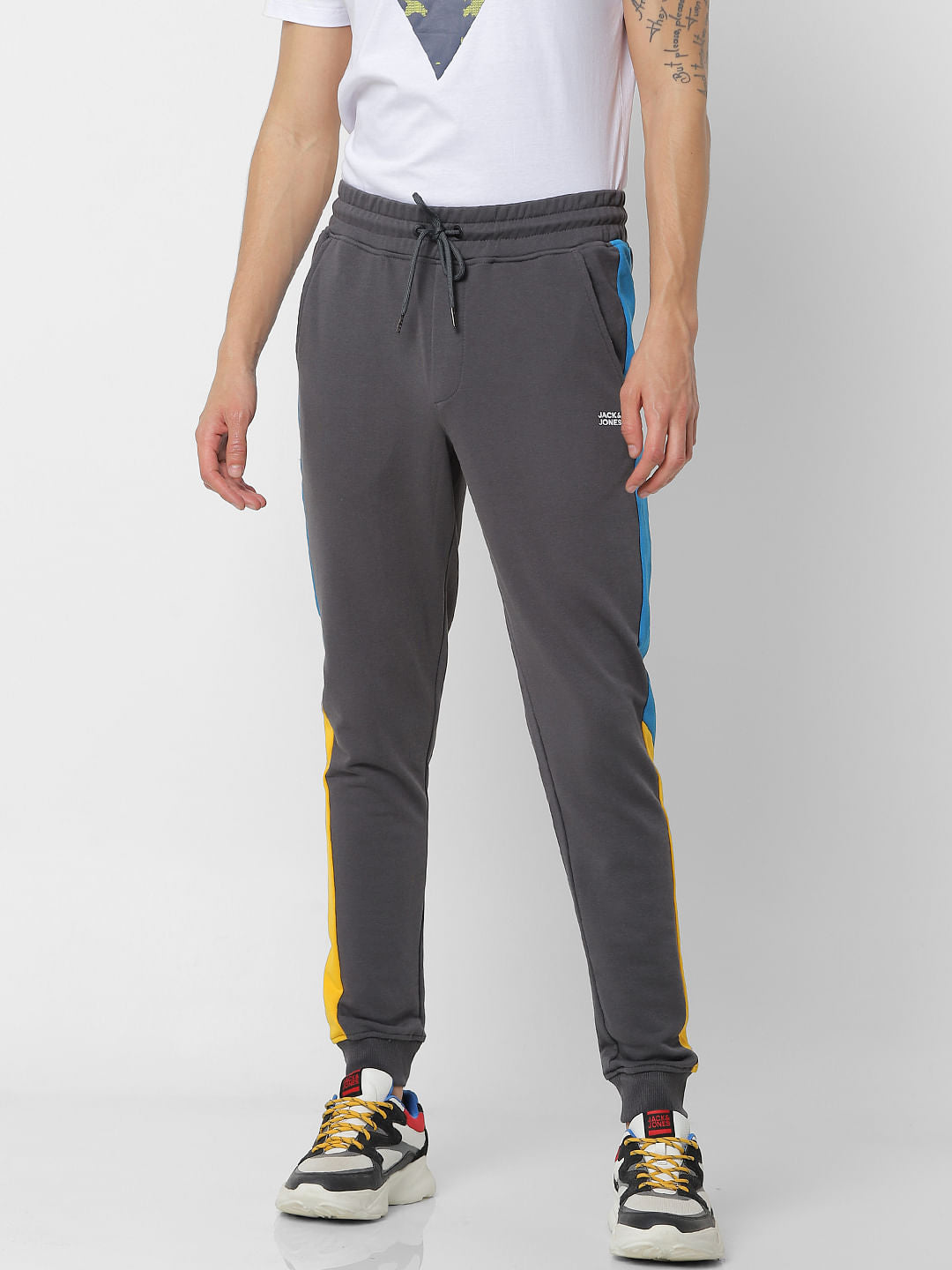 Grey Mid Rise Tape Detail Sweatpants
