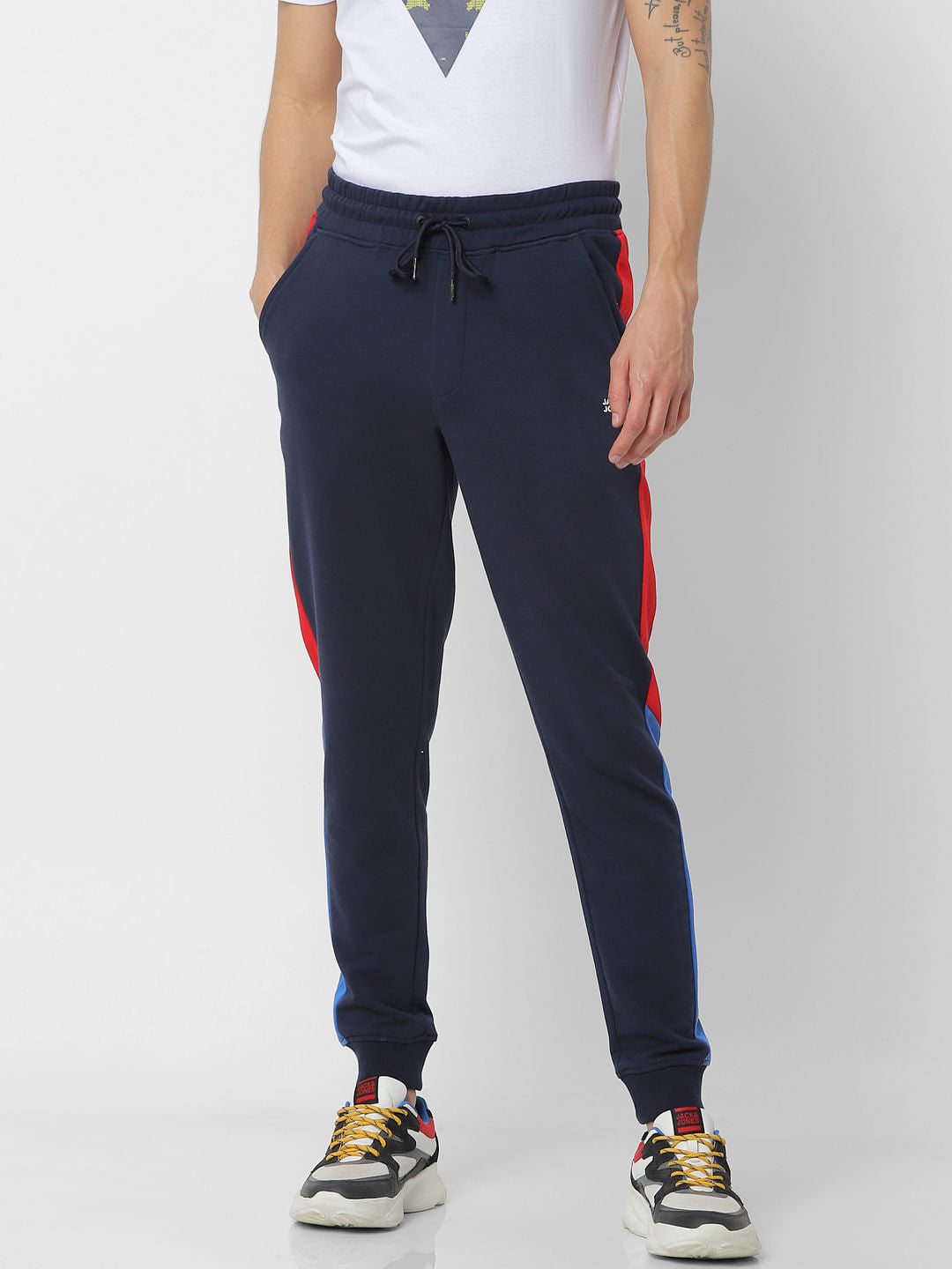 Navy Blue Mid Rise Tape Detail Sweatpants
