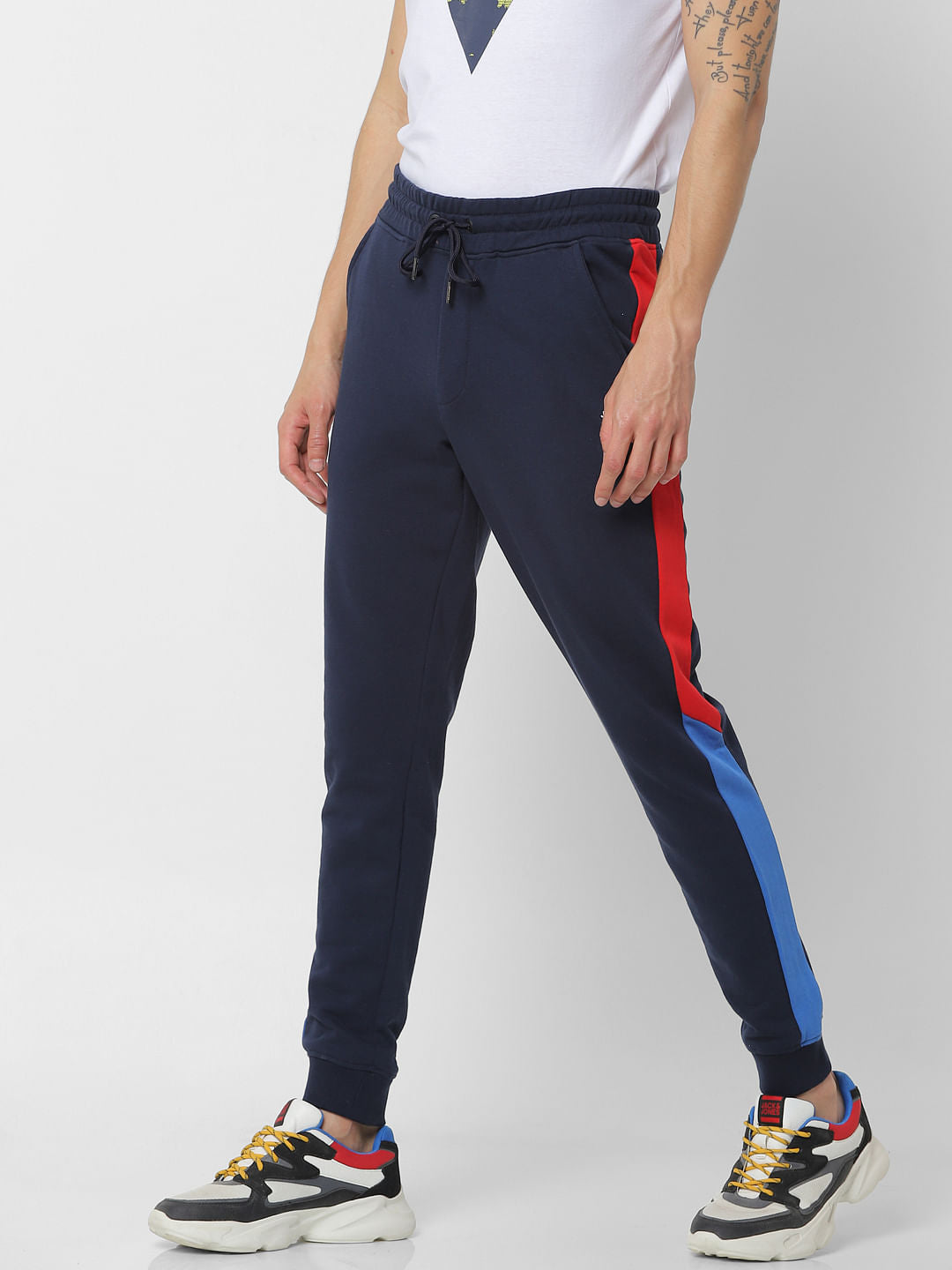 Navy Blue Mid Rise Tape Detail Sweatpants