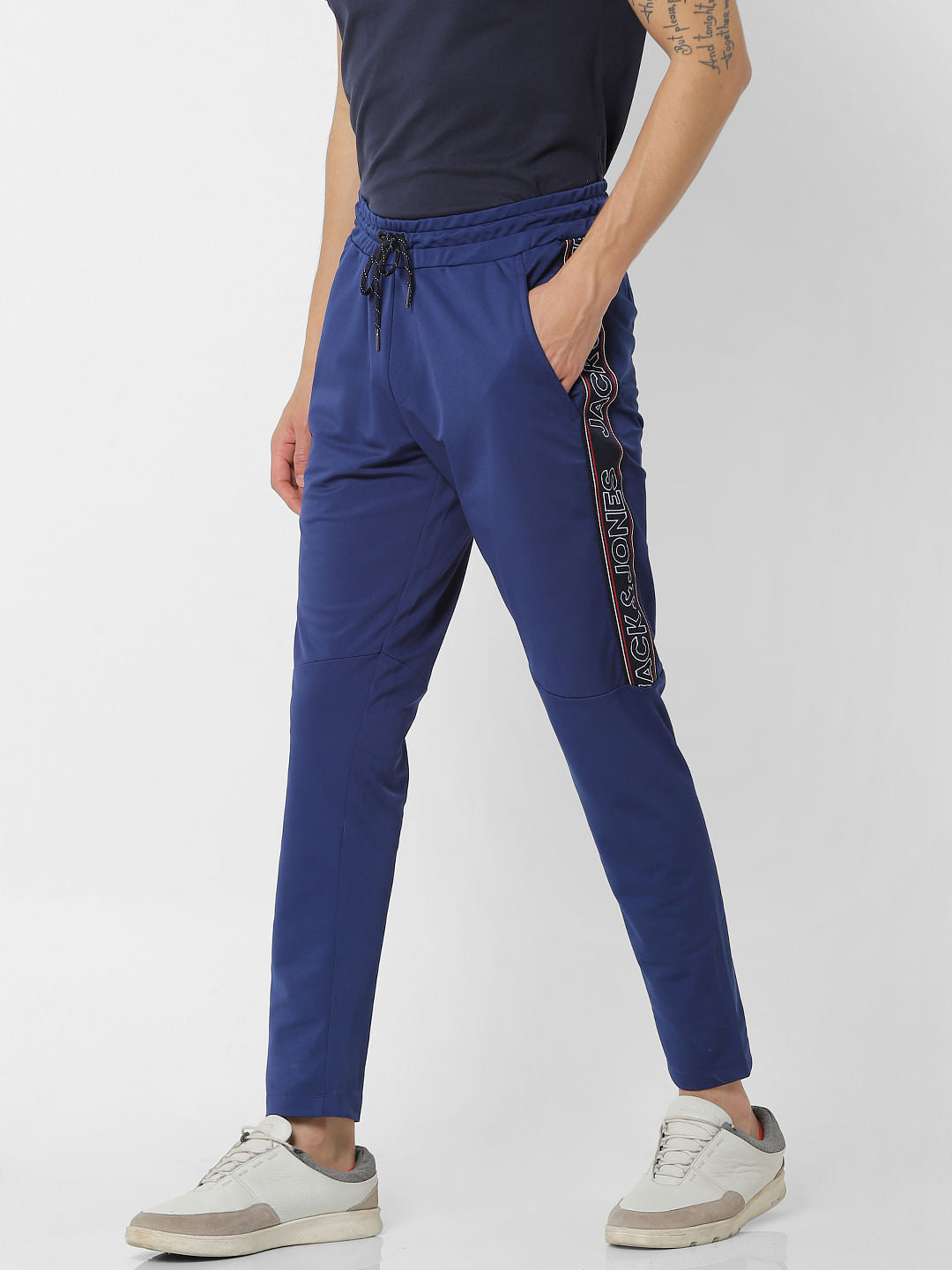 Blue Mid Rise Logo Print Sweatpants