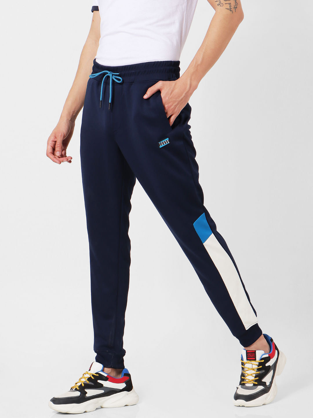 Blue Mid Rise Tape Detail Sweatpants