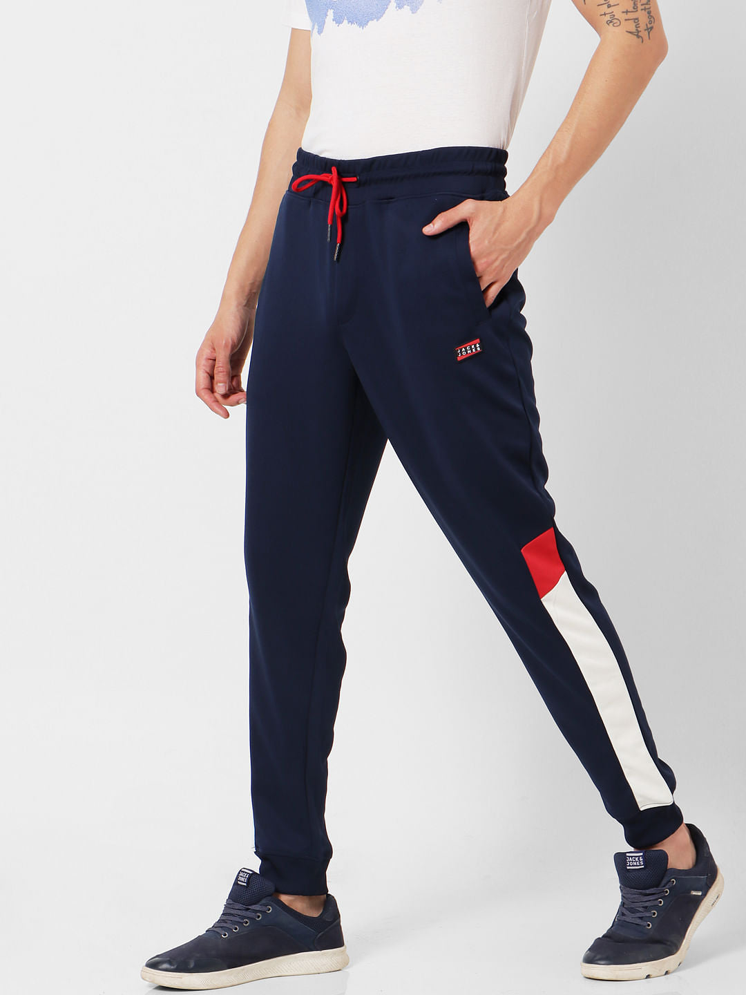 Navy Blue Mid Rise Tape Detail Sweatpants