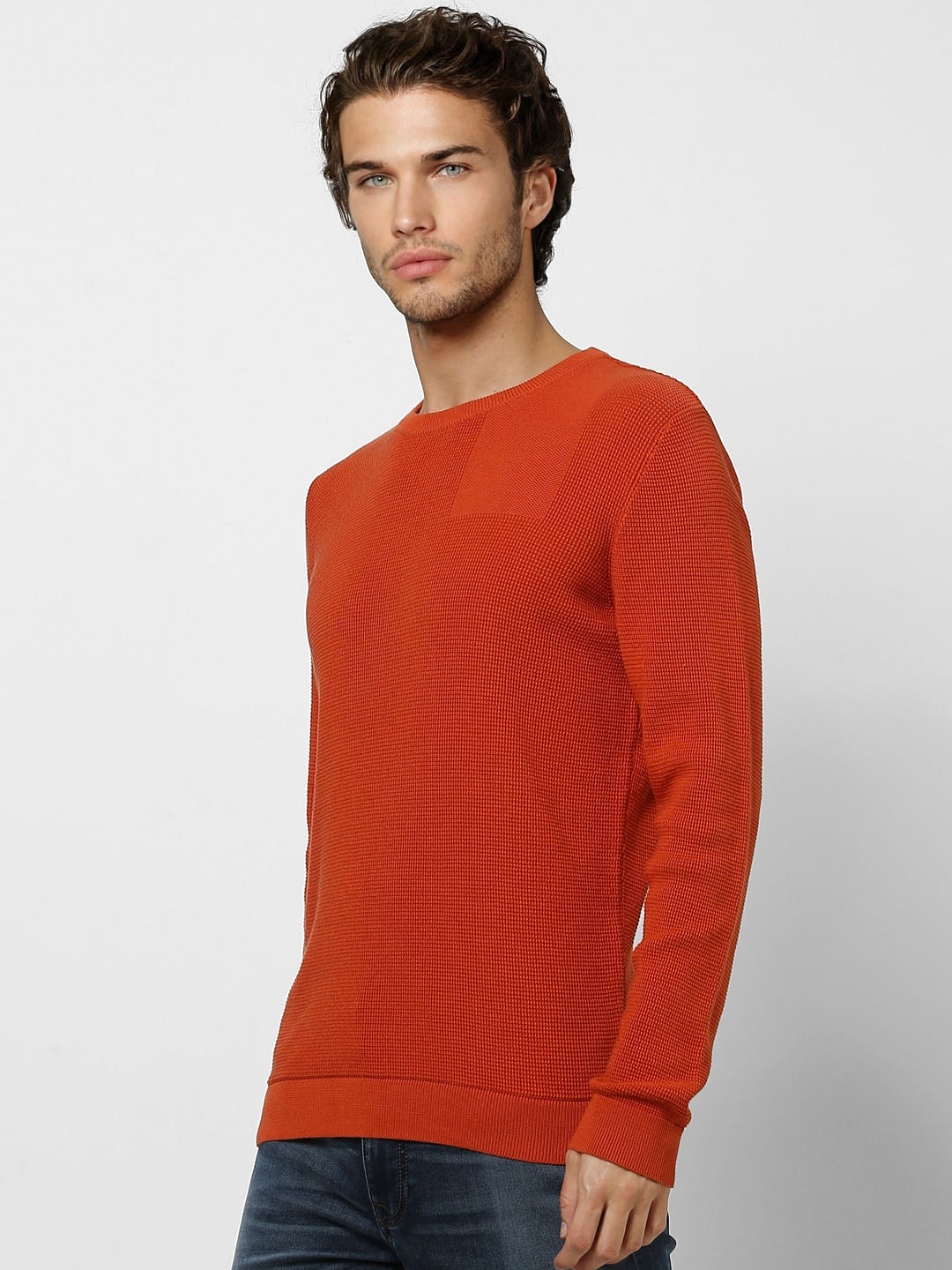 Orange Textured Knit Pullover