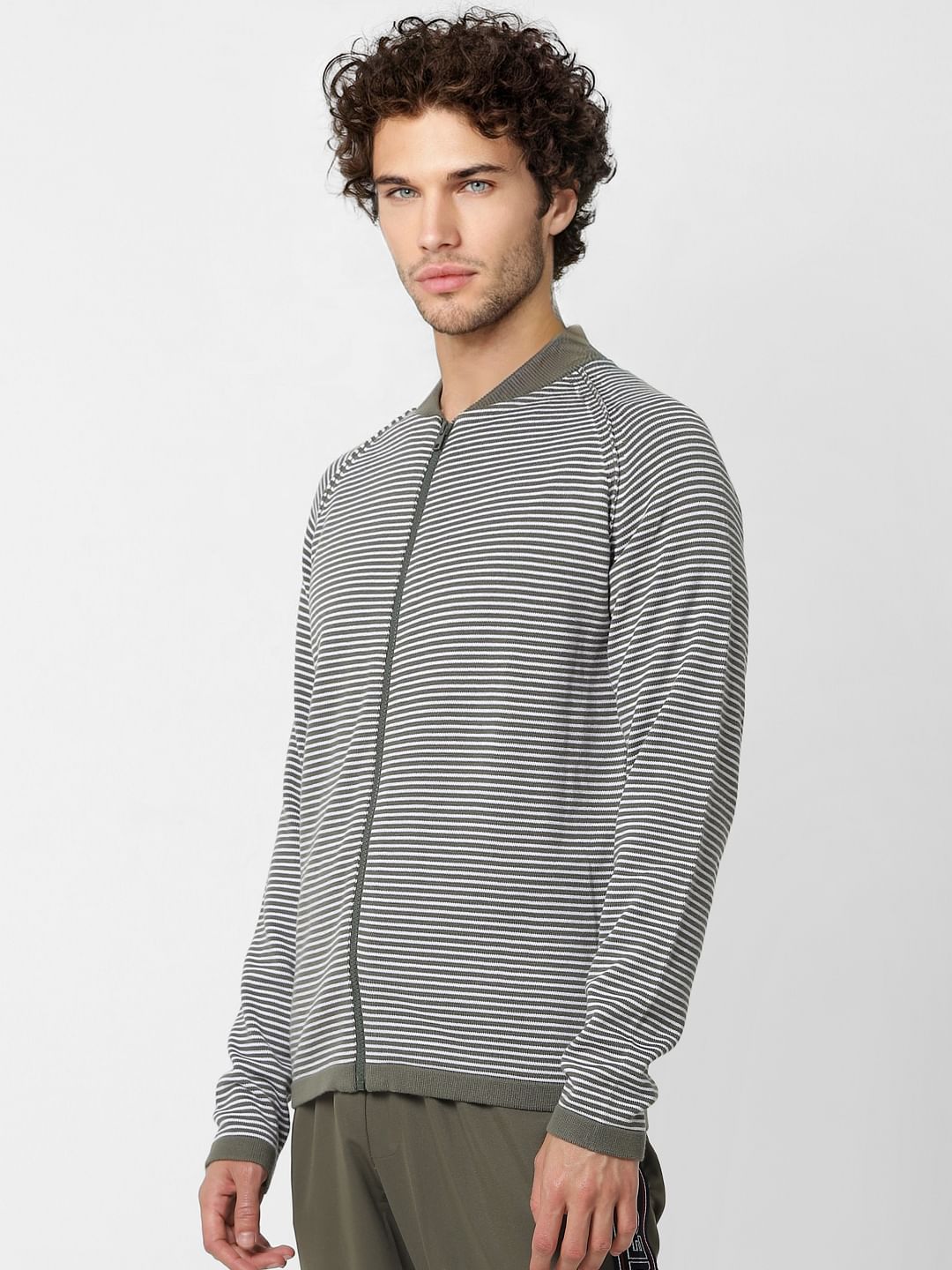 Grey Striped Zip Up Cardigan