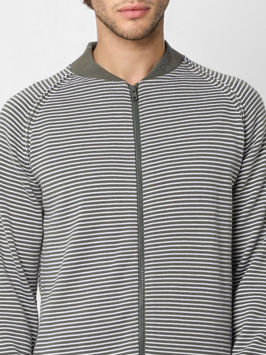 Grey Striped Zip Up Cardigan
