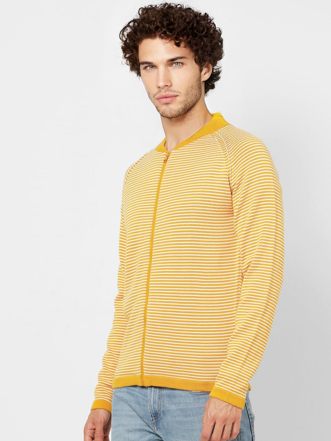 Yellow Striped Zip Up Cardigan