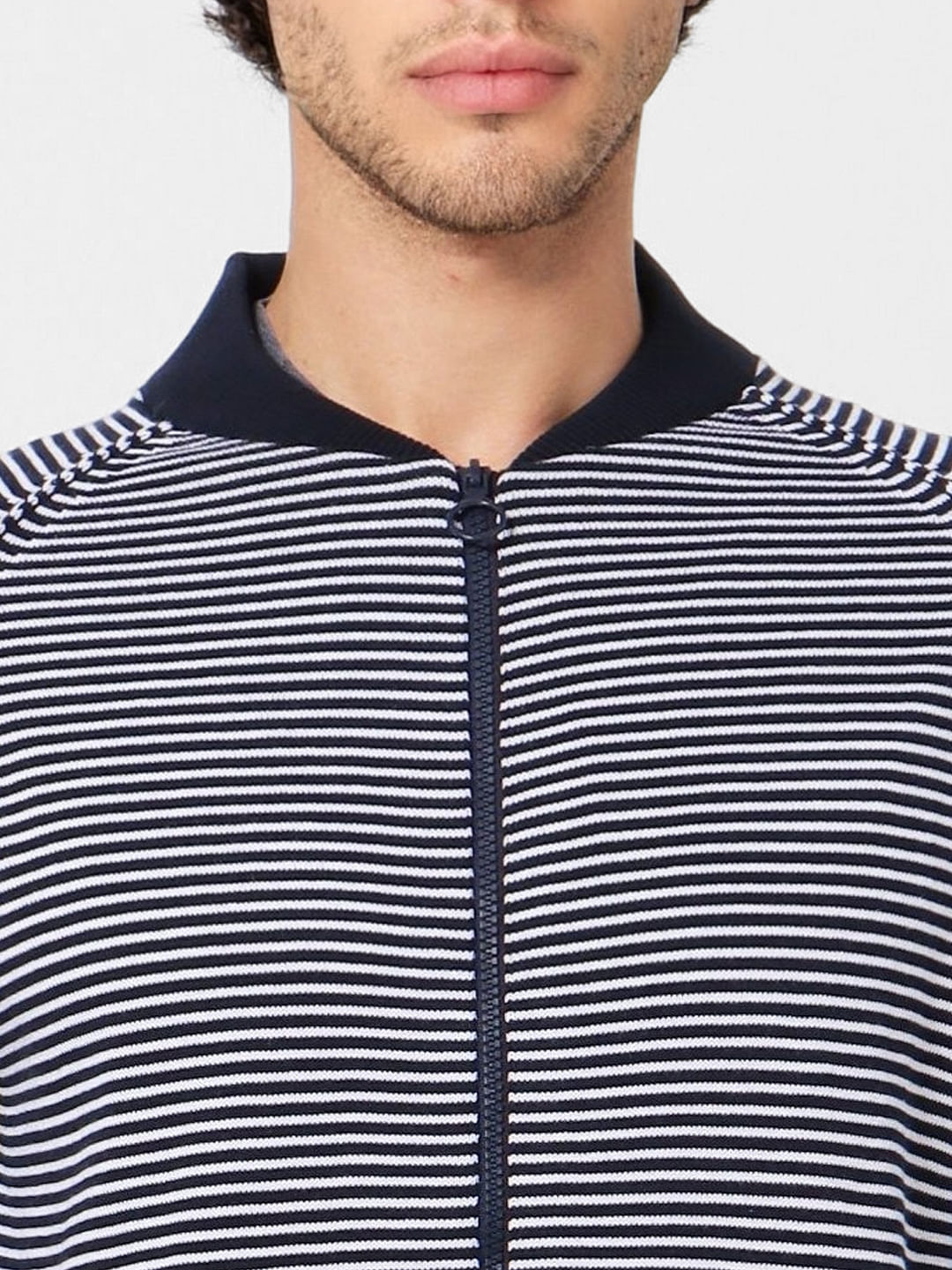 Navy Blue Striped Zip Up Cardigan