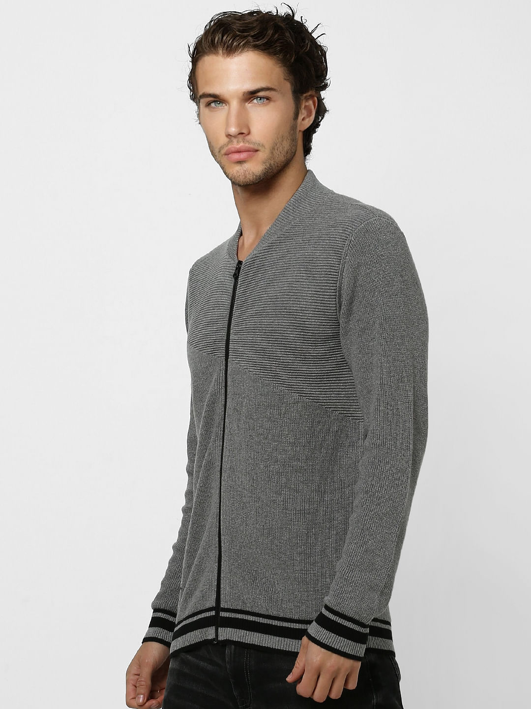 Grey Self Design Zip Up Cardigan
