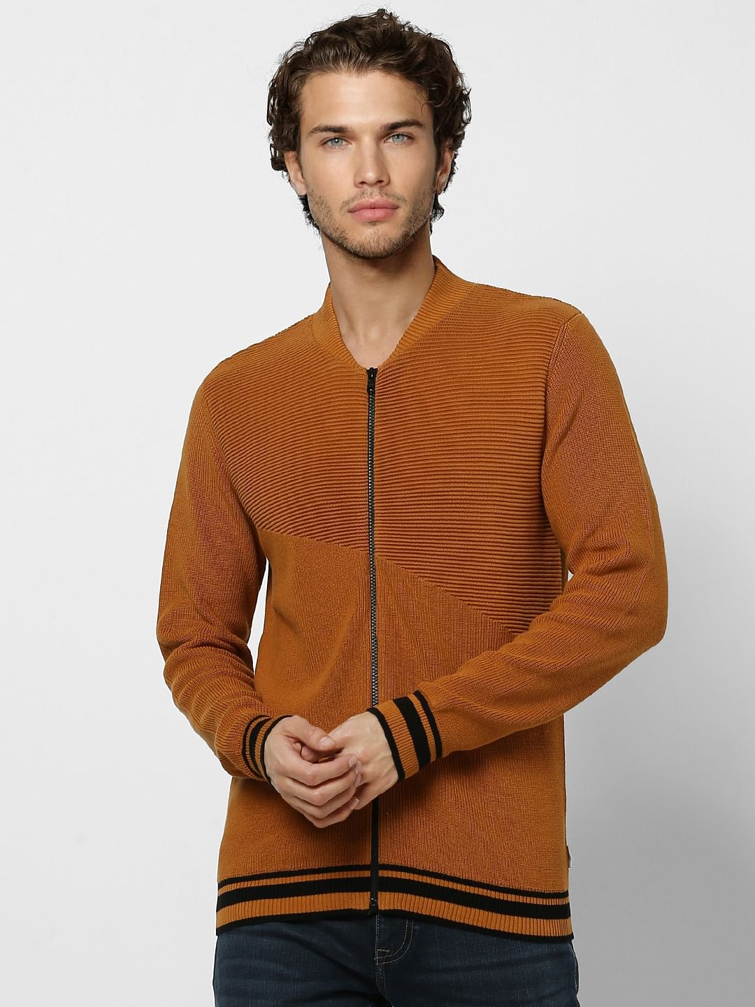 Brown Self Design Zip Up Cardigan