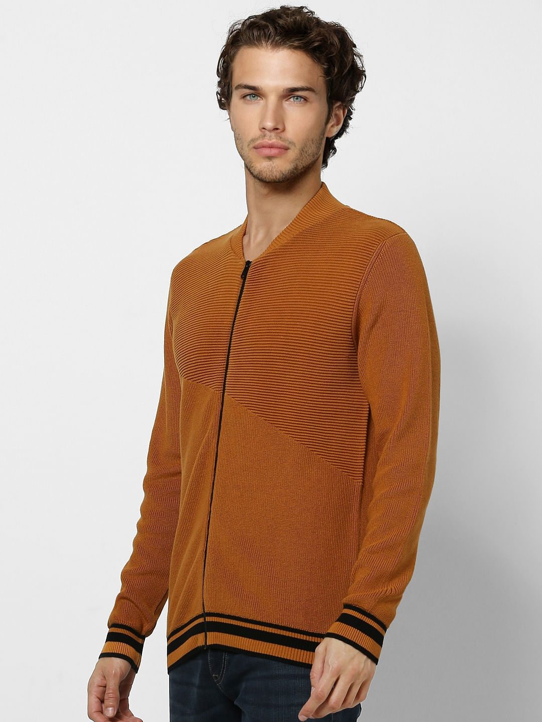 Brown Self Design Zip Up Cardigan