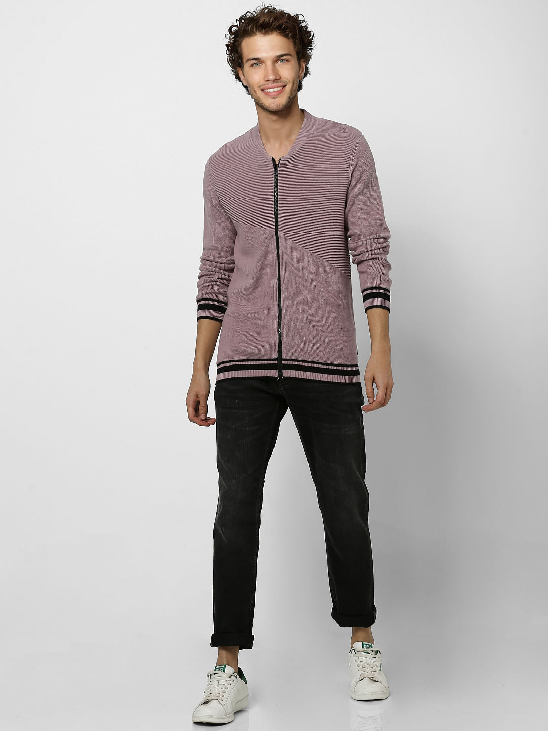 Purple Self Design Zip Up Cardigan