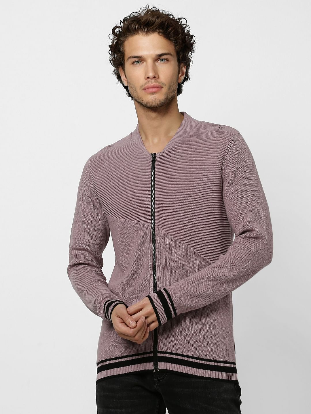 Purple Self Design Zip Up Cardigan