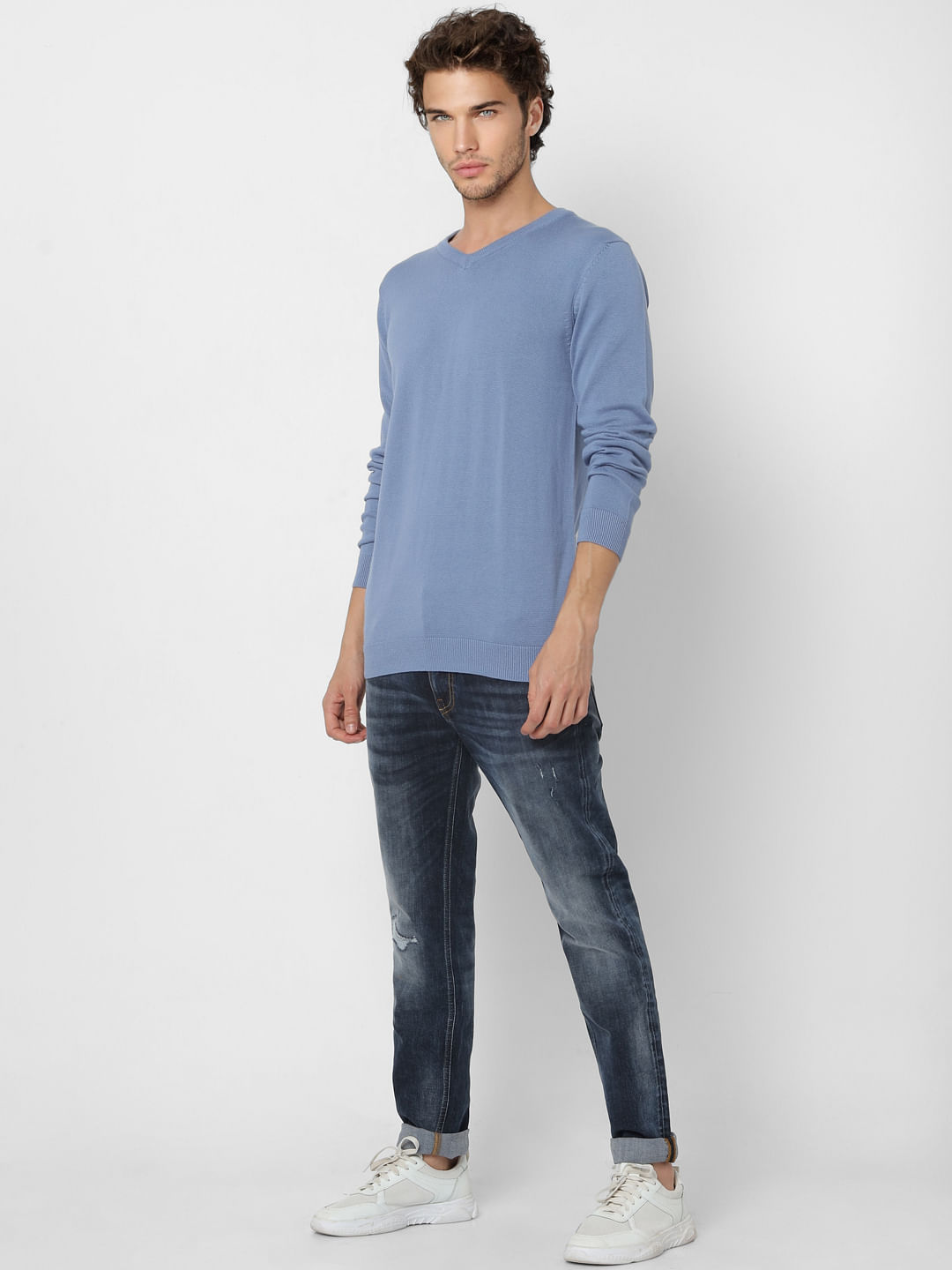Blue V Neck Knit Pullover