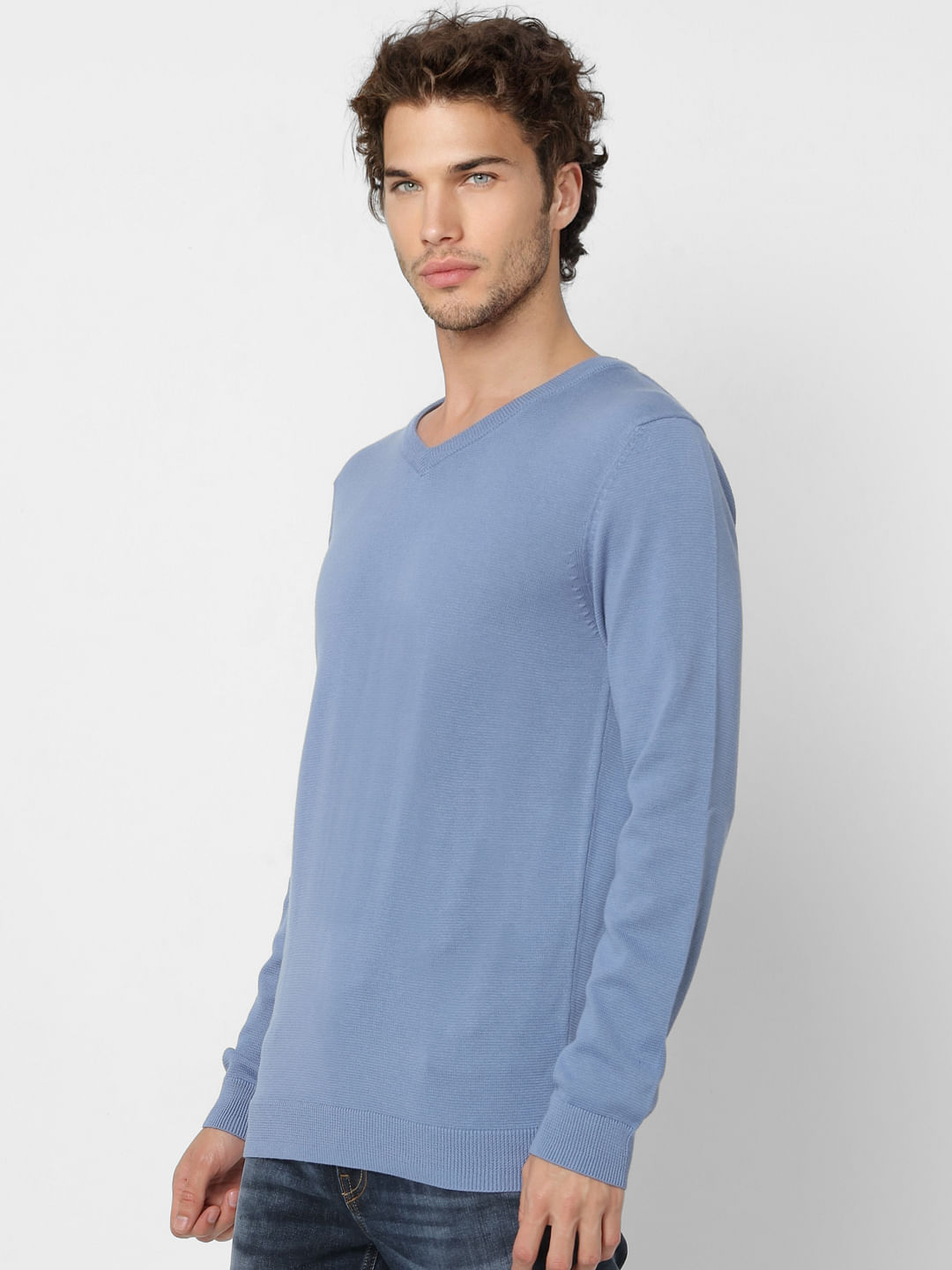 Blue V Neck Knit Pullover