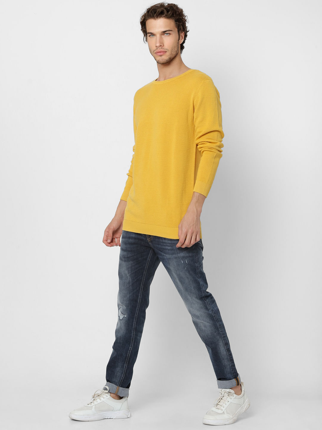 Yellow Self Design Knit Pullover