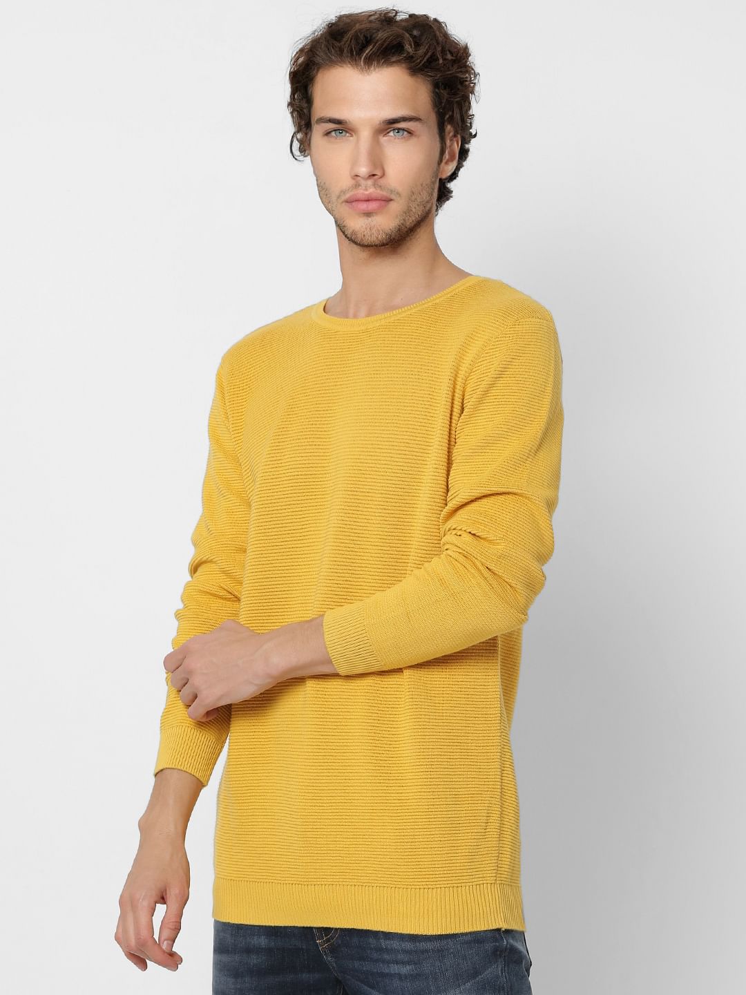 Yellow Self Design Knit Pullover