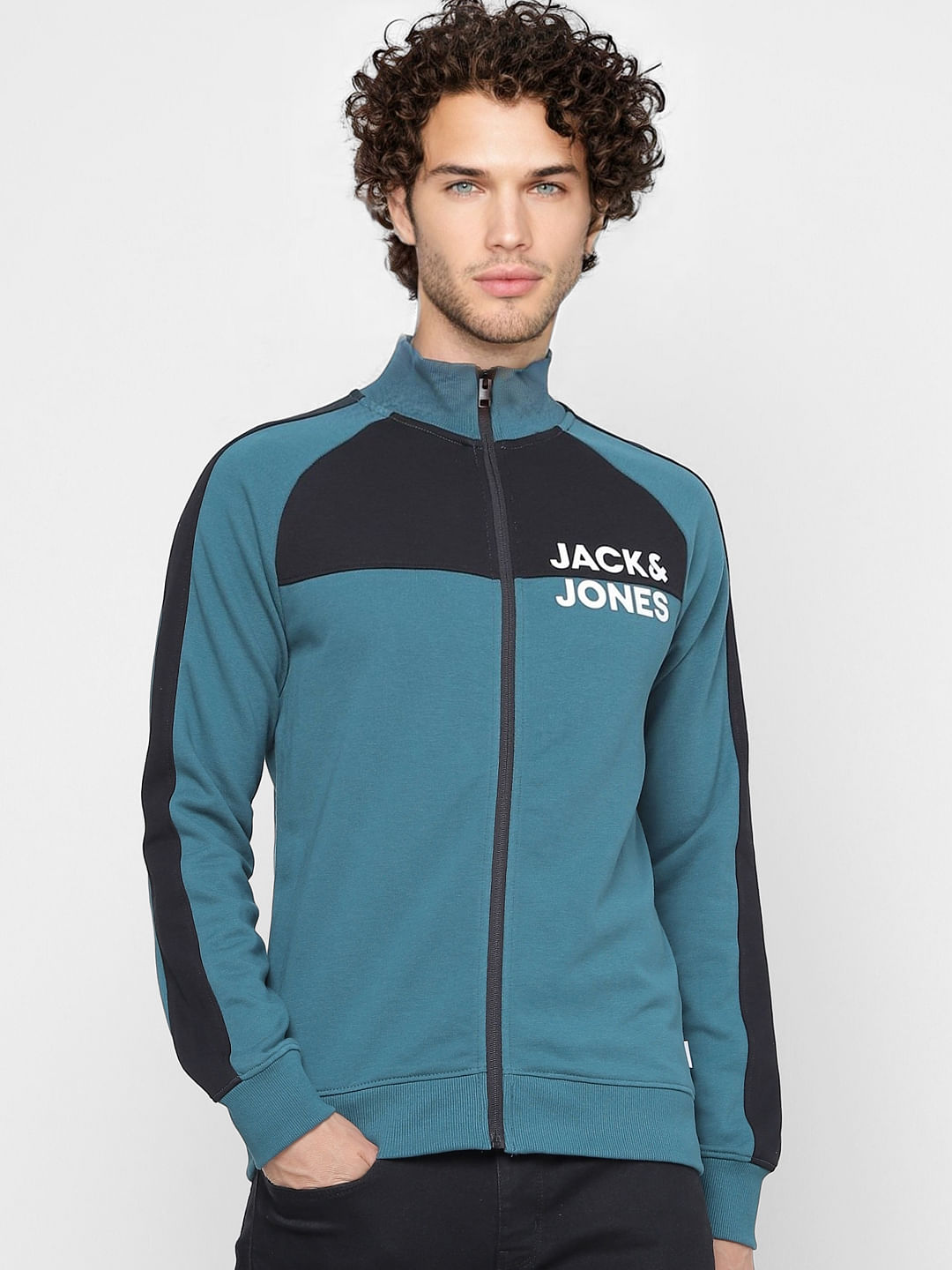 Green Colourblocked Zip Up Sweatshirt