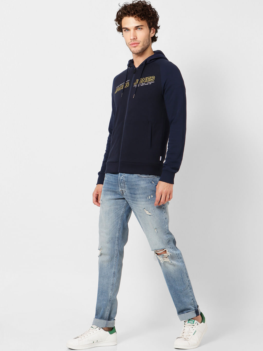 Blue Colourblocked Logo Print Hoodie