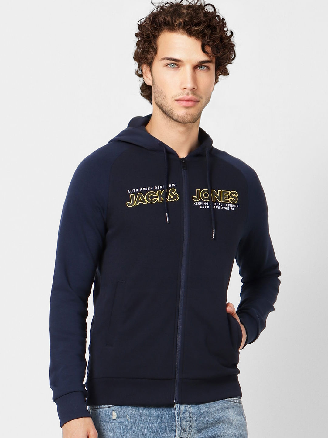 Blue Colourblocked Logo Print Hoodie