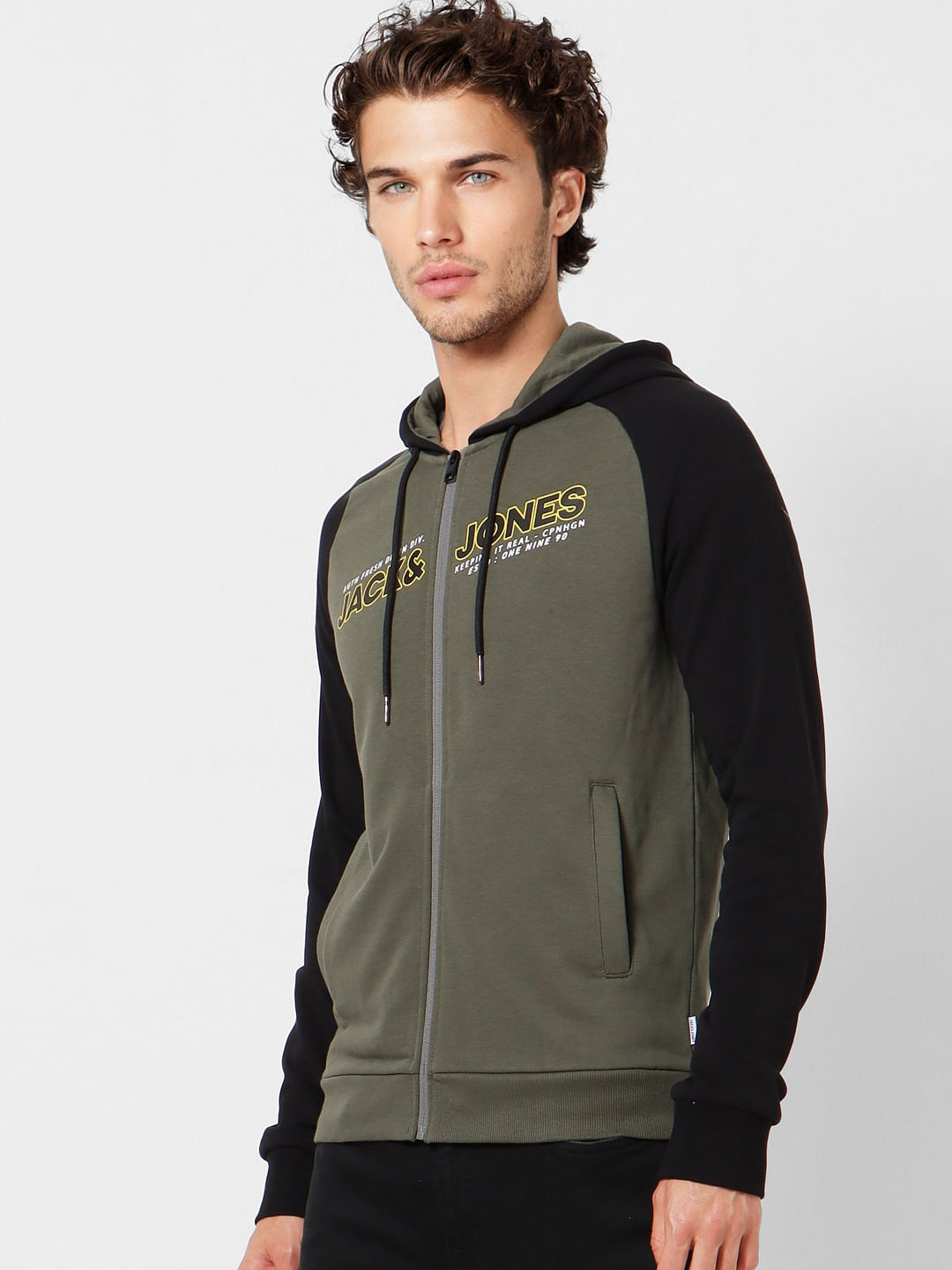 Olive Green Logo Print Zip Up Hoodie