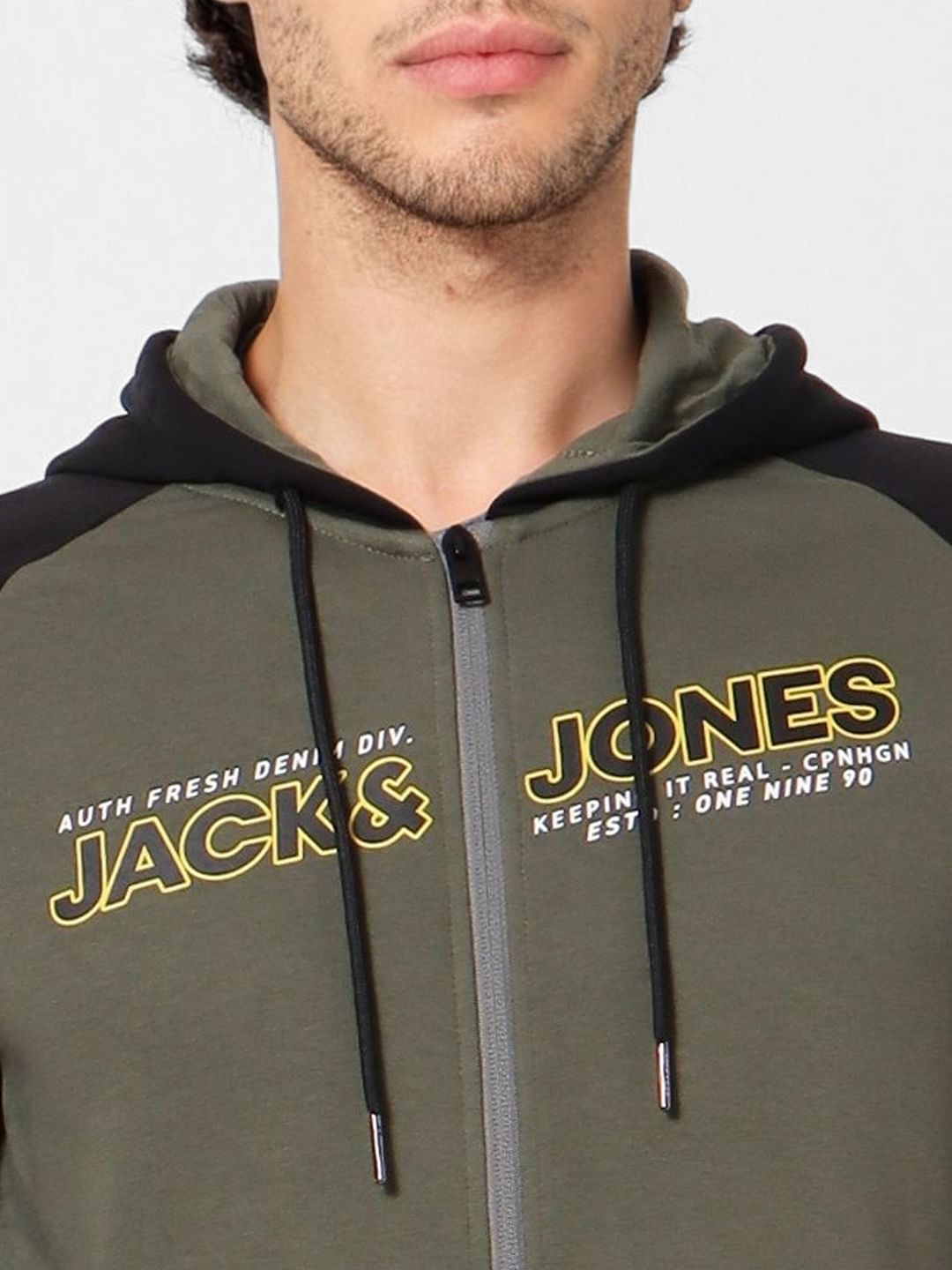 Olive Green Logo Print Zip Up Hoodie
