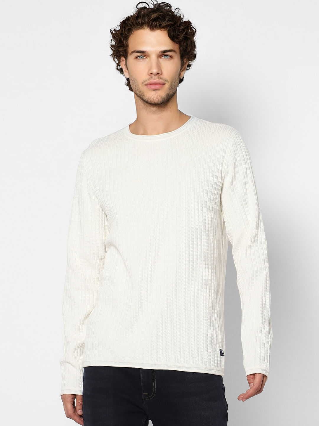White Self Design Pullover