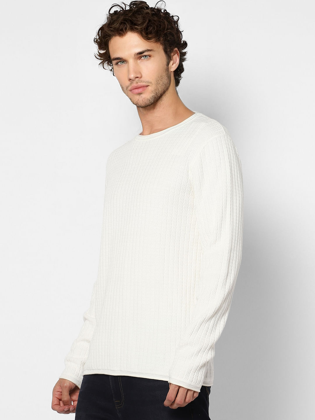 White Self Design Pullover