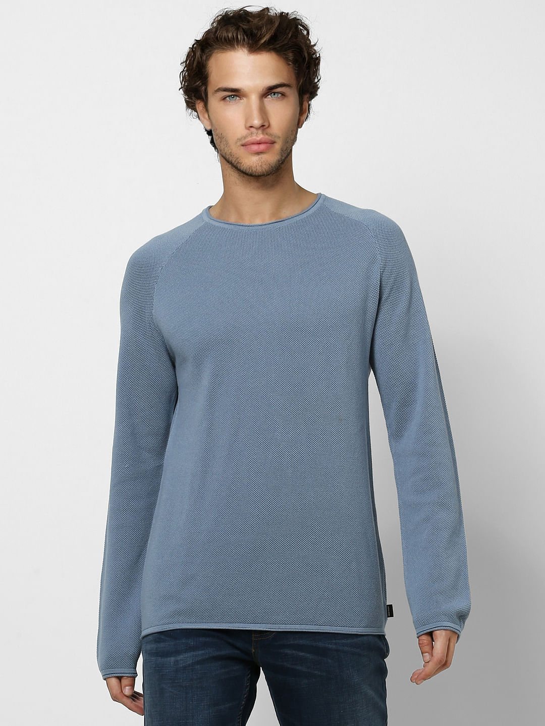 Blue Textured Knit Pullover