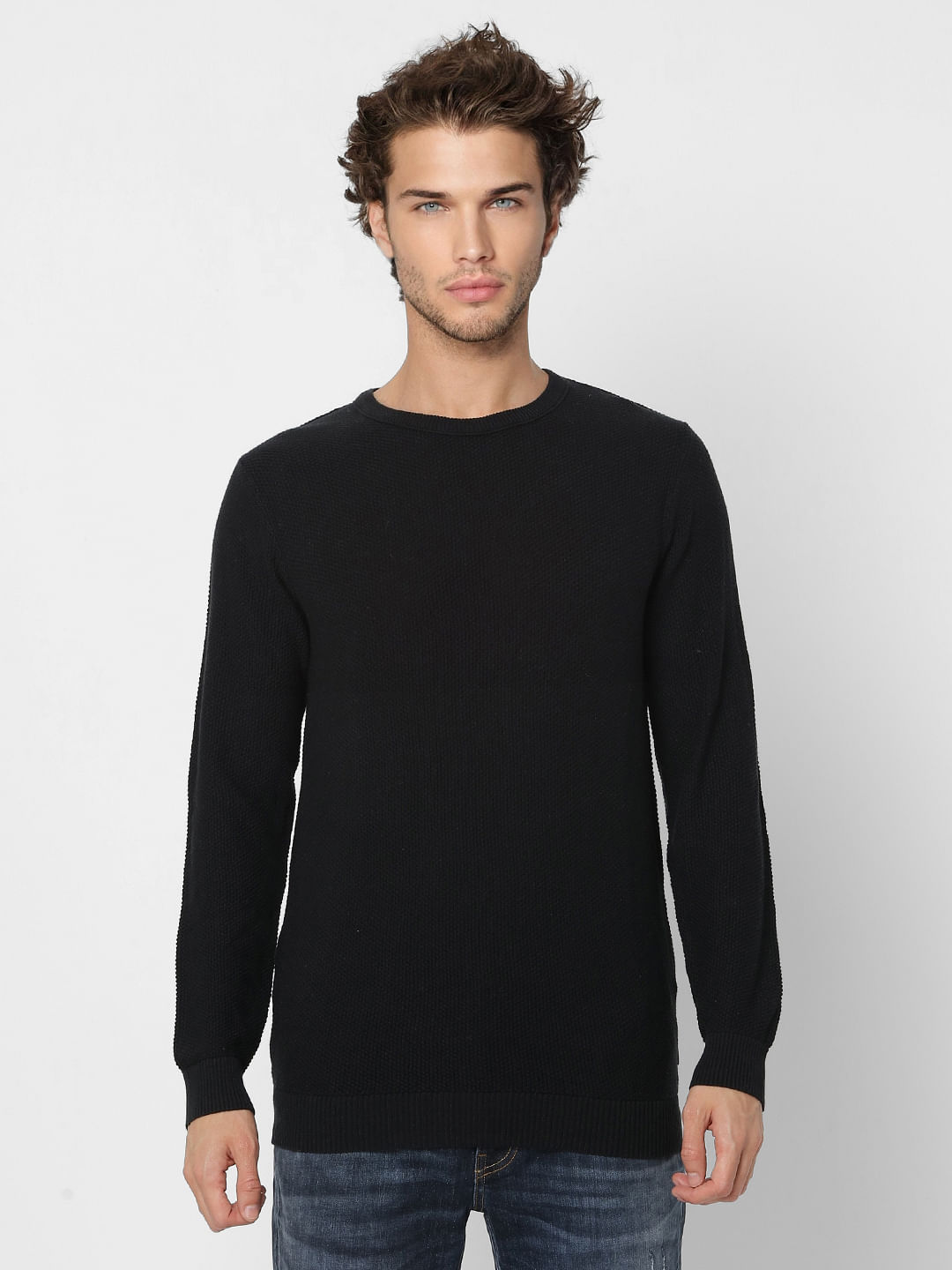 Black Textured Knit Pullover