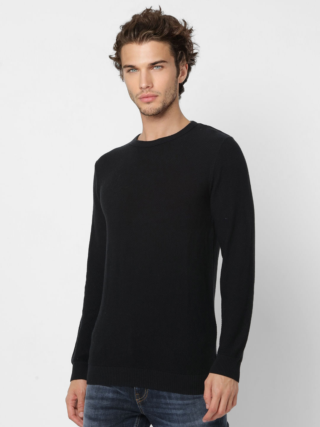 Black Textured Knit Pullover