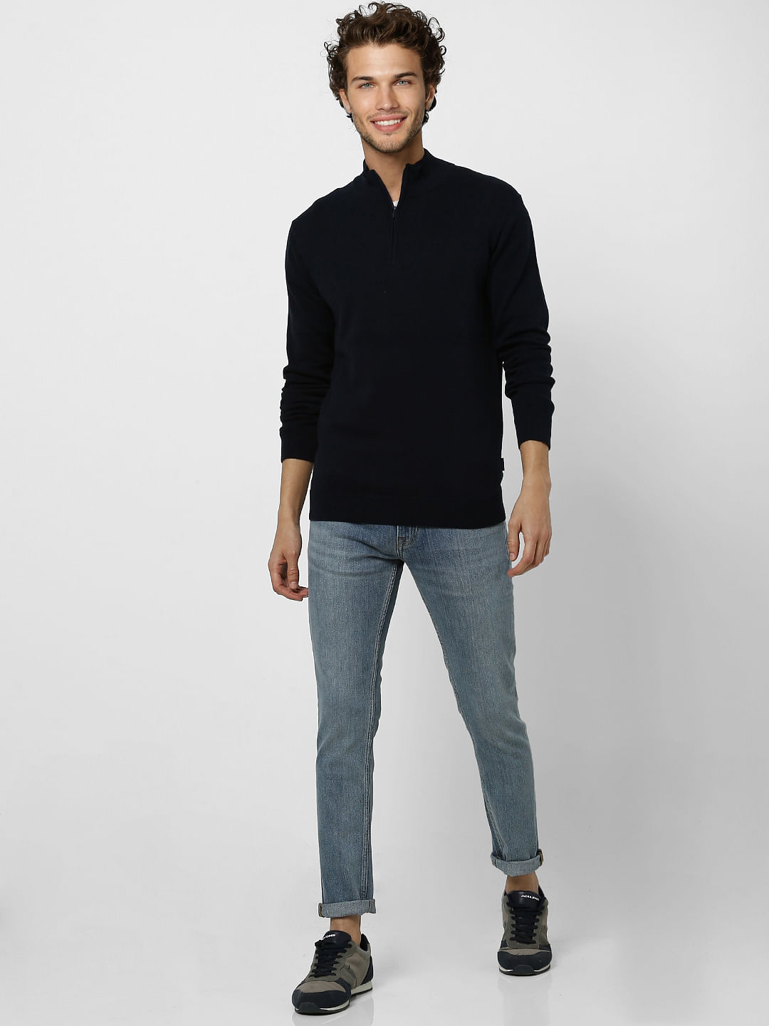 Blue High Neck Knit Pullover