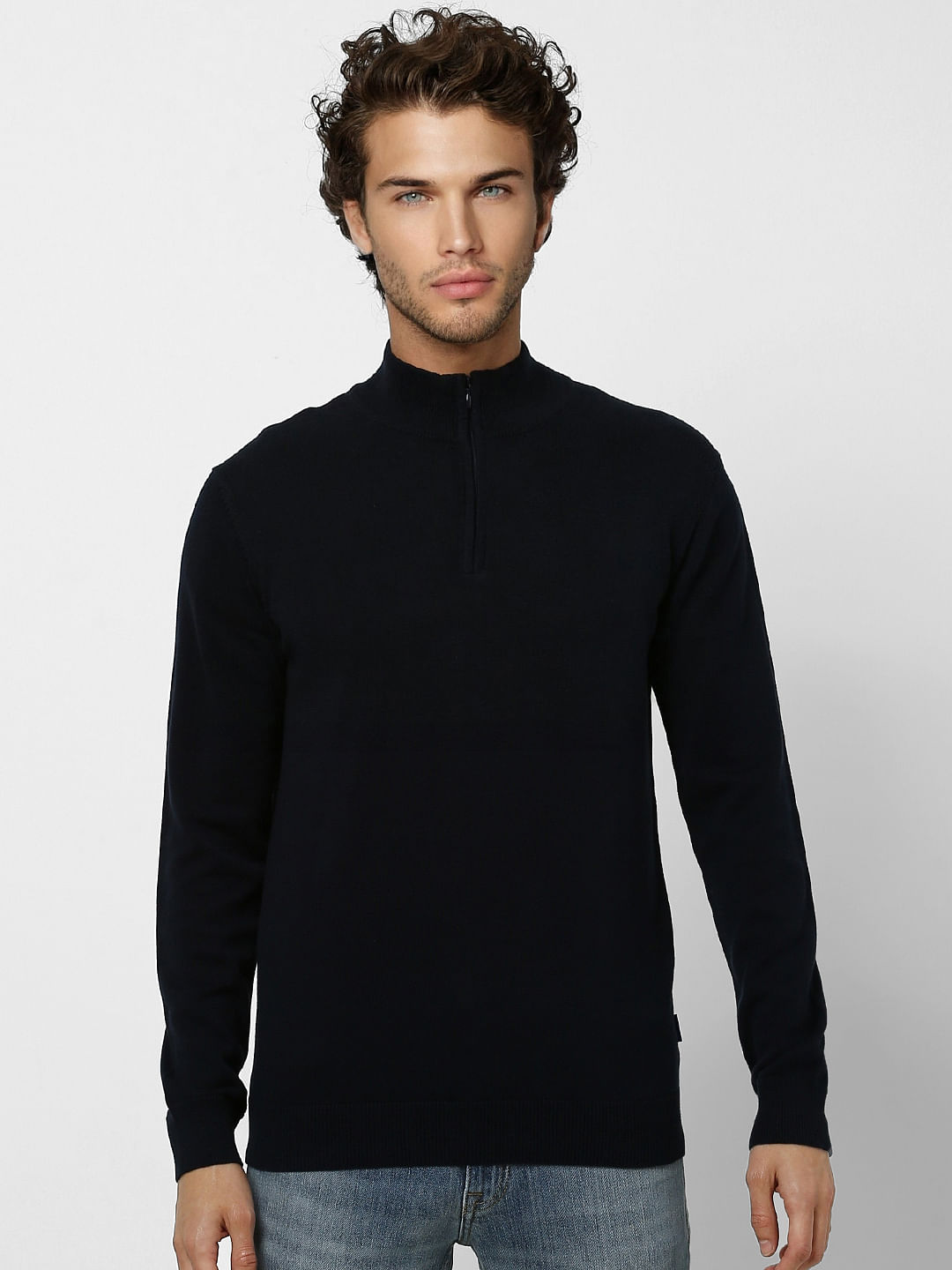 Blue High Neck Knit Pullover