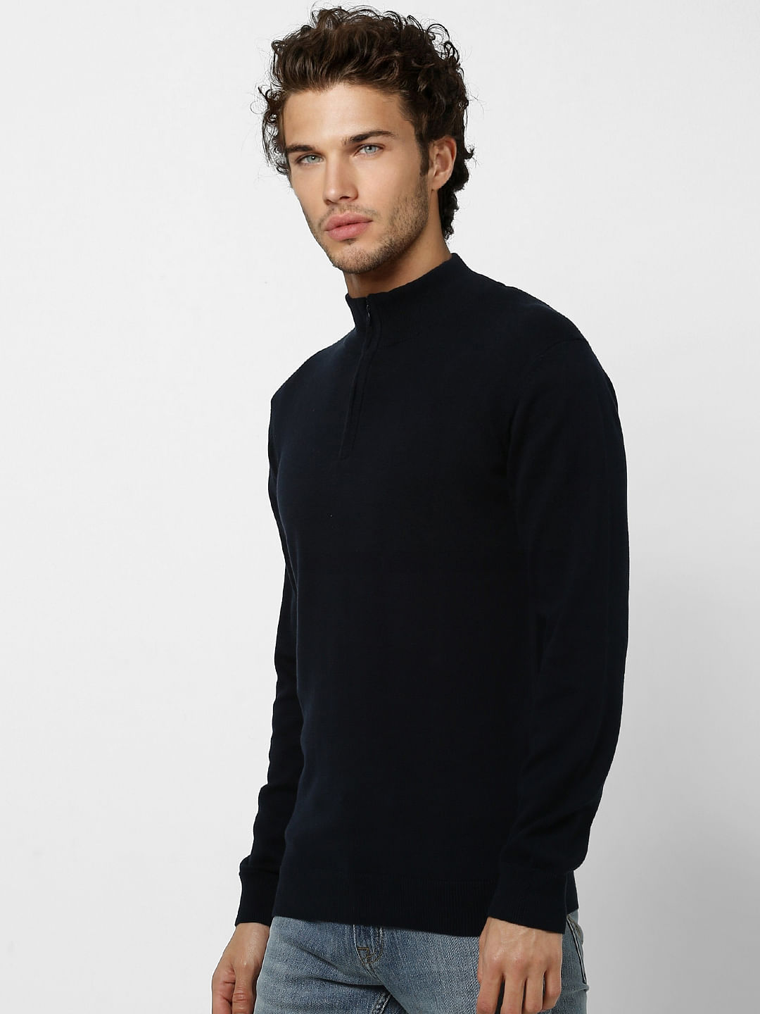 Blue High Neck Knit Pullover