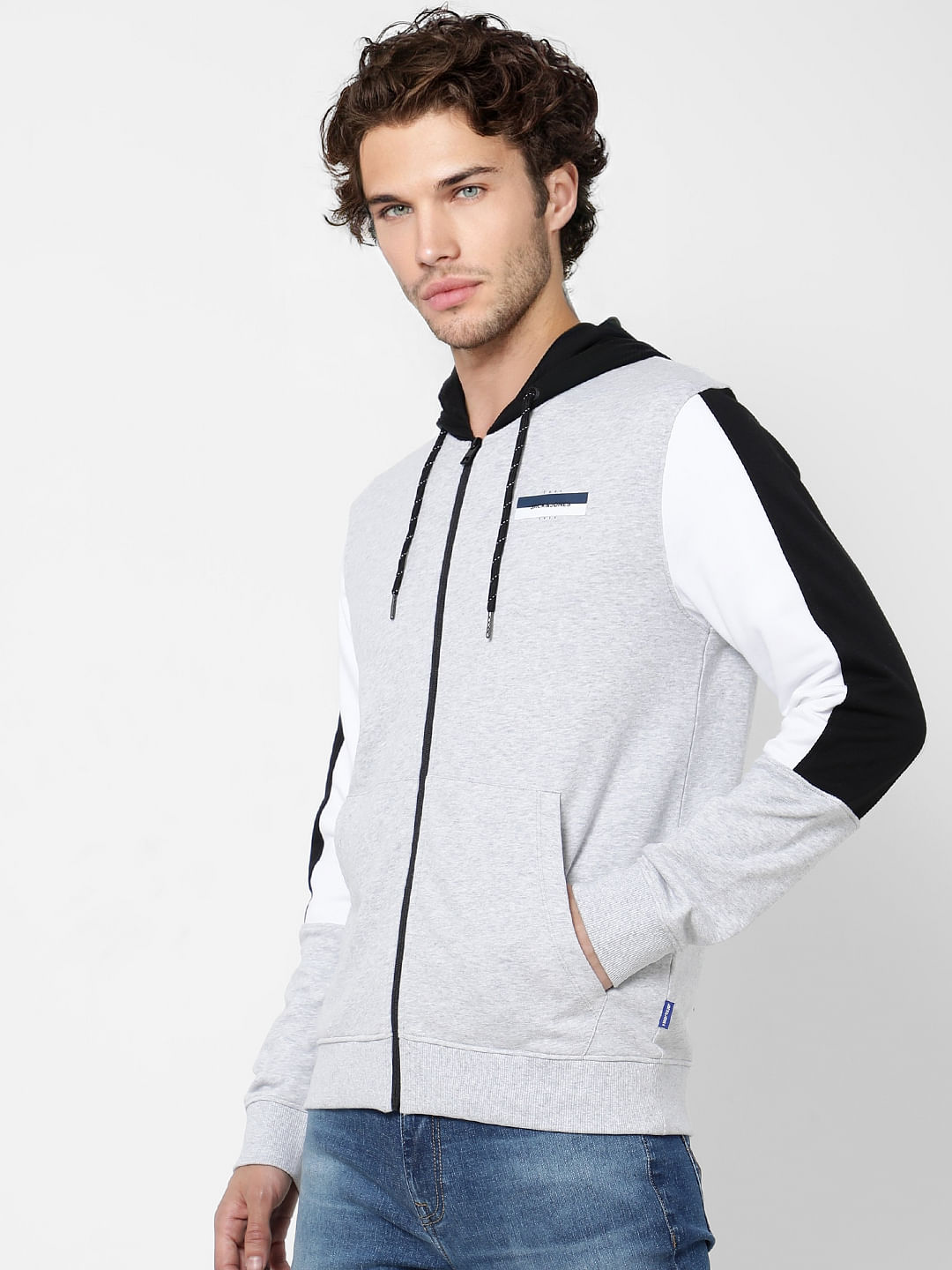 Grey Colourblocked Hooded Sweatshirt
