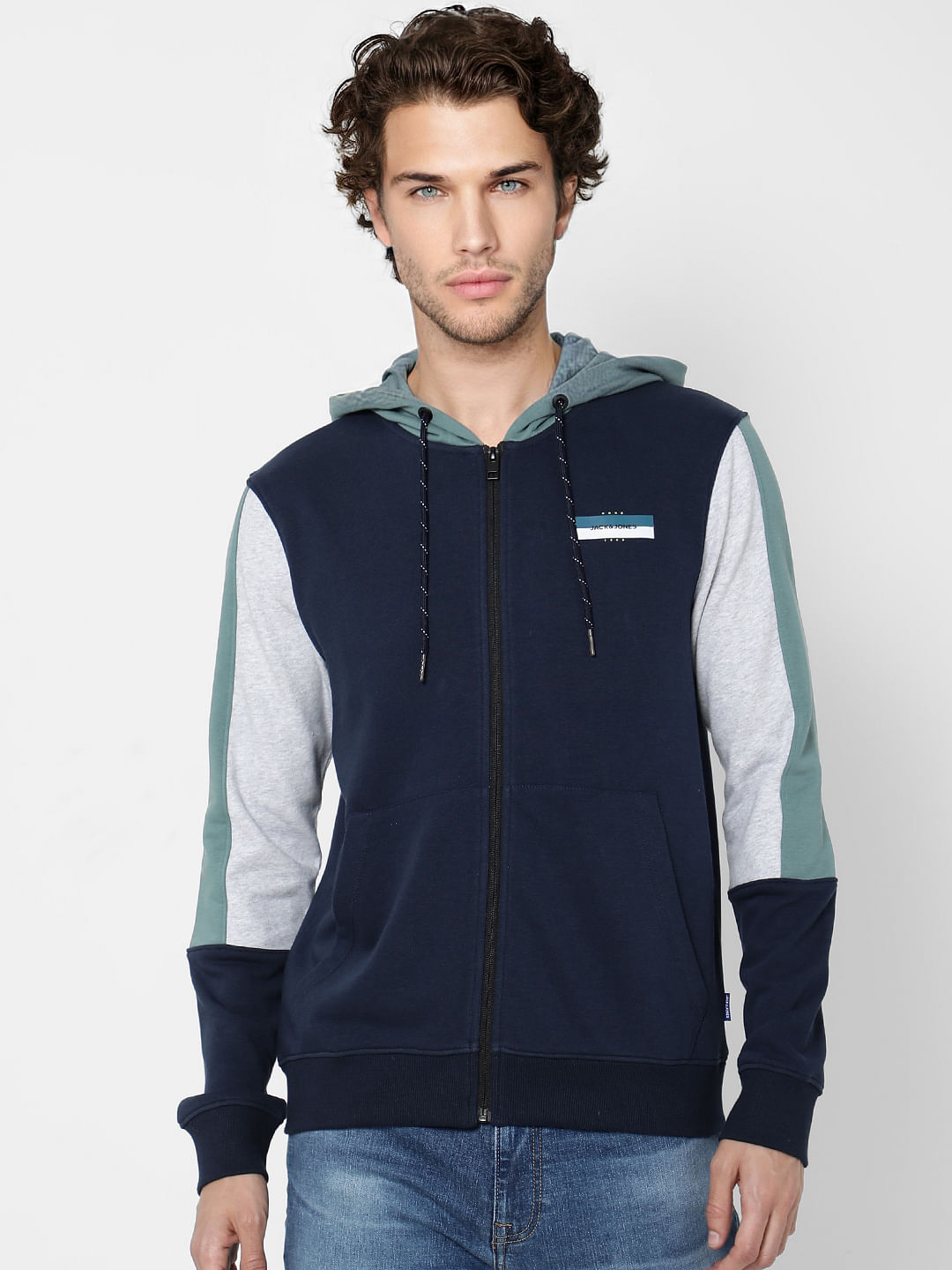 Blue Colourblocked Hooded Sweatshirt