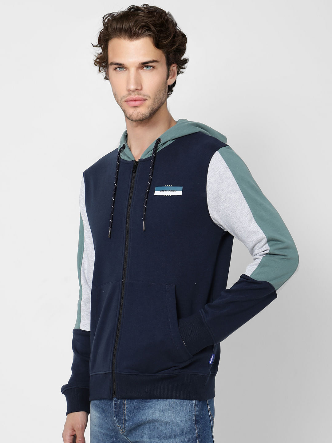 Blue Colourblocked Hooded Sweatshirt