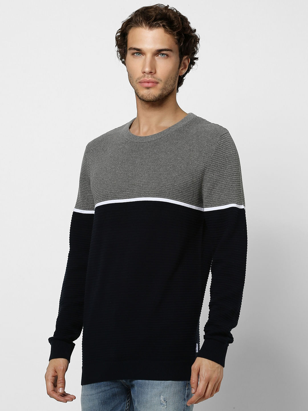 Navy Blue Colourblocked Pullover