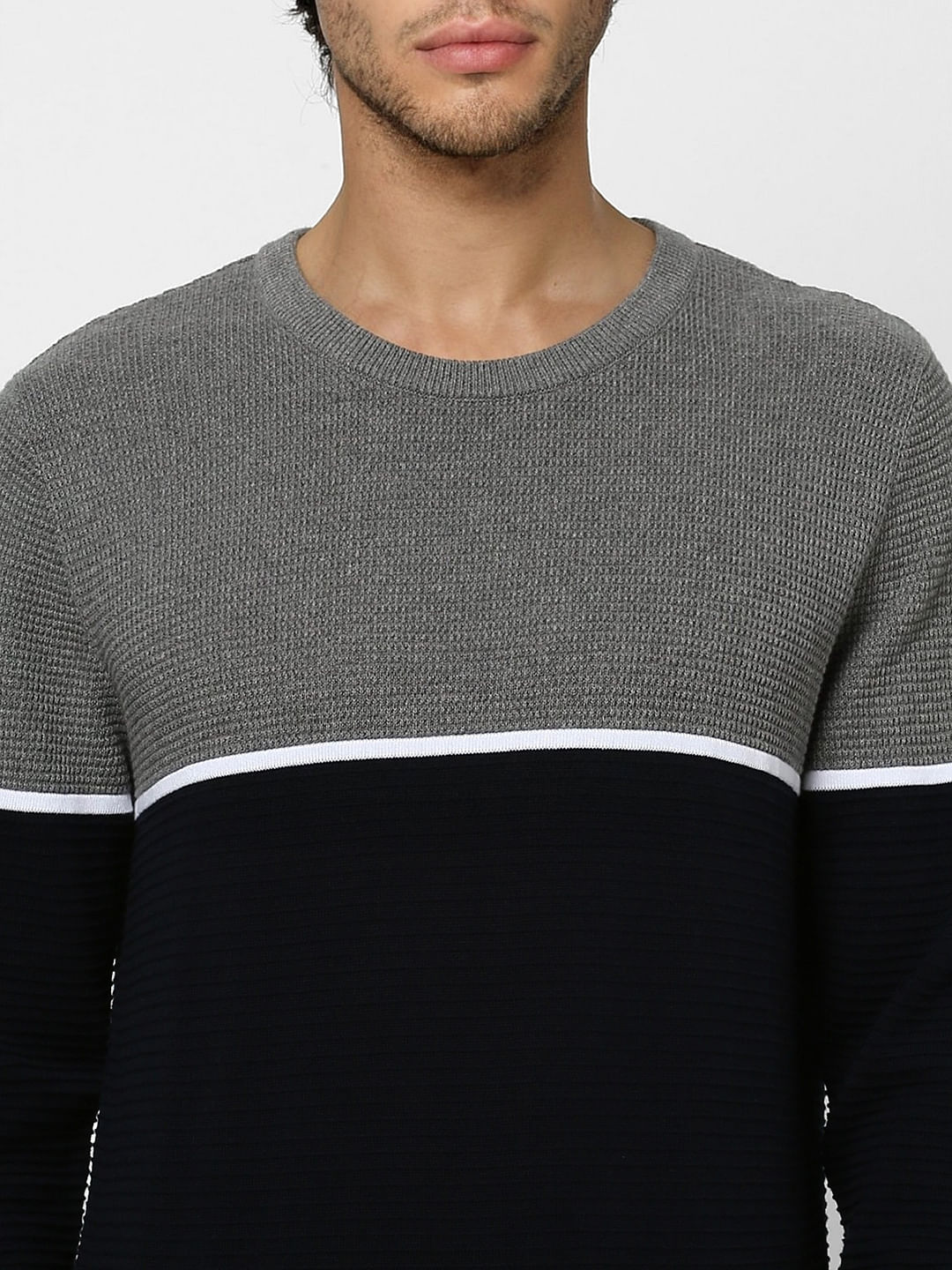 Navy Blue Colourblocked Pullover