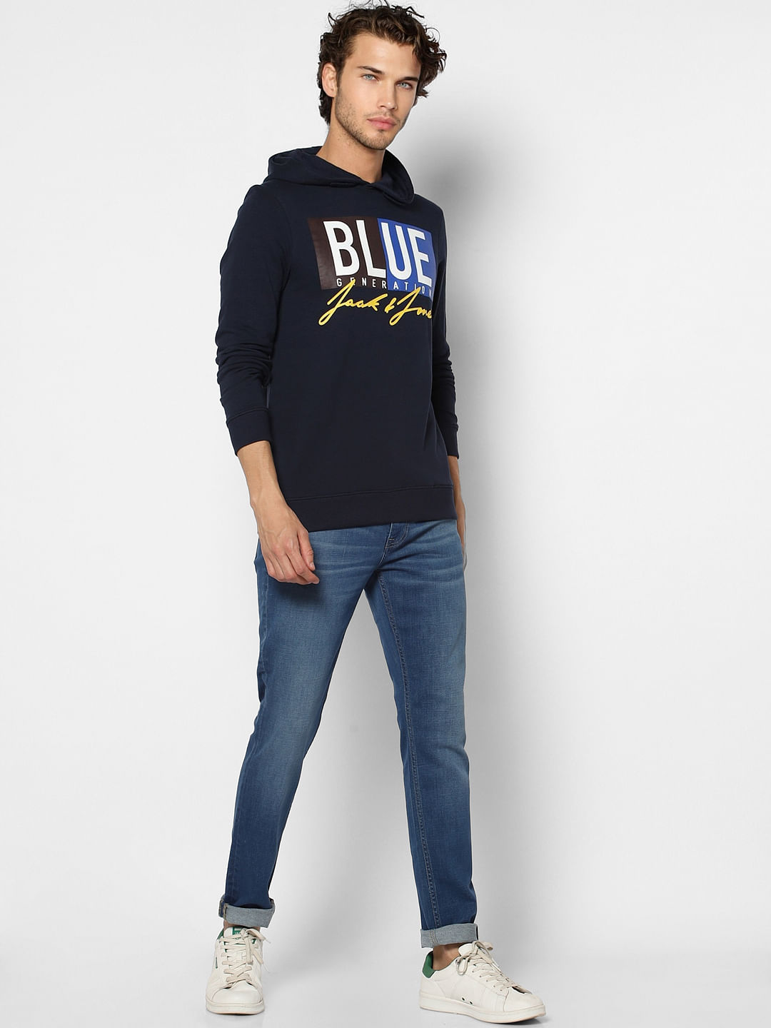 Navy Blue Text Print Hooded Sweatshirt
