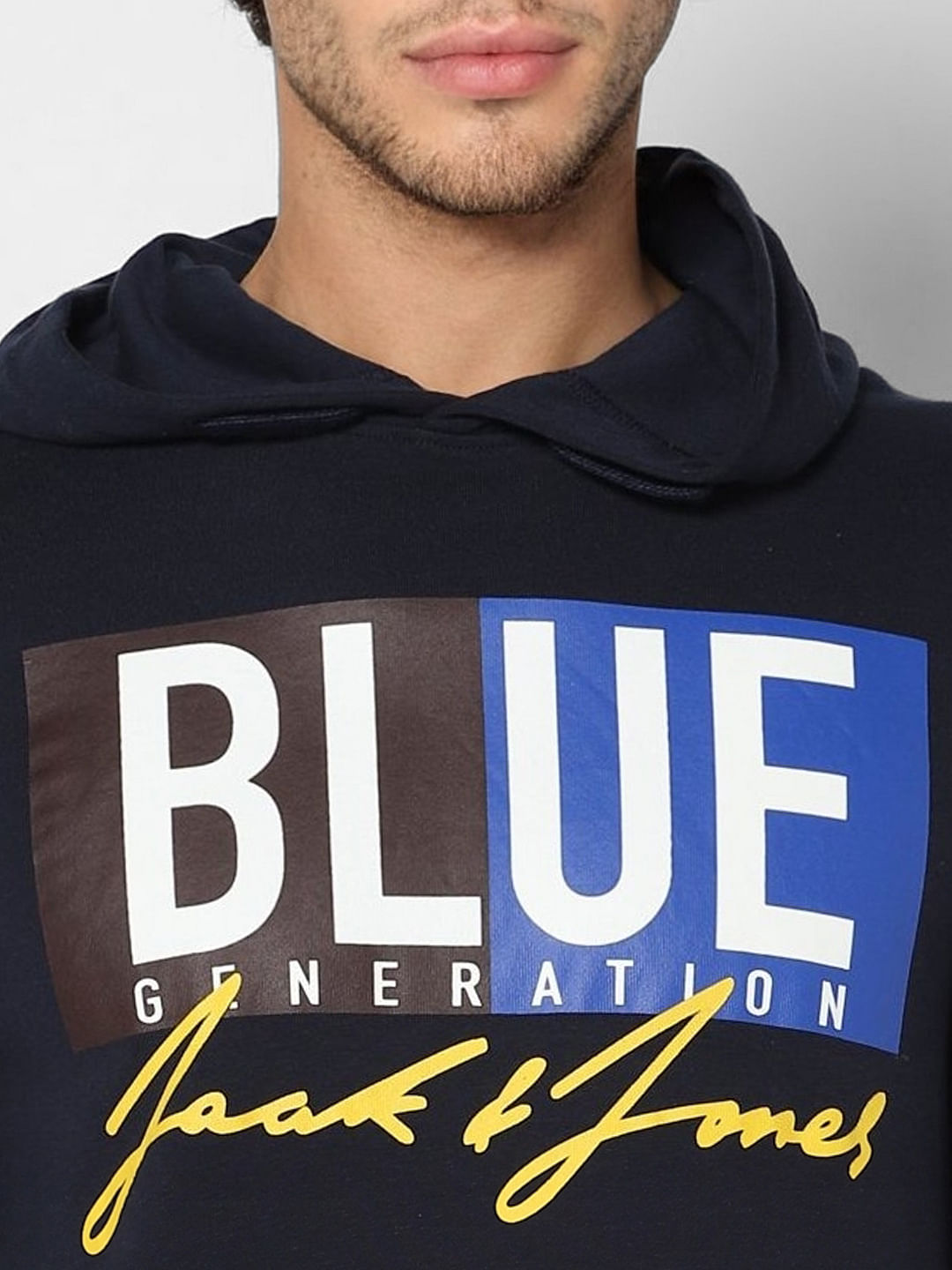 Navy Blue Text Print Hooded Sweatshirt