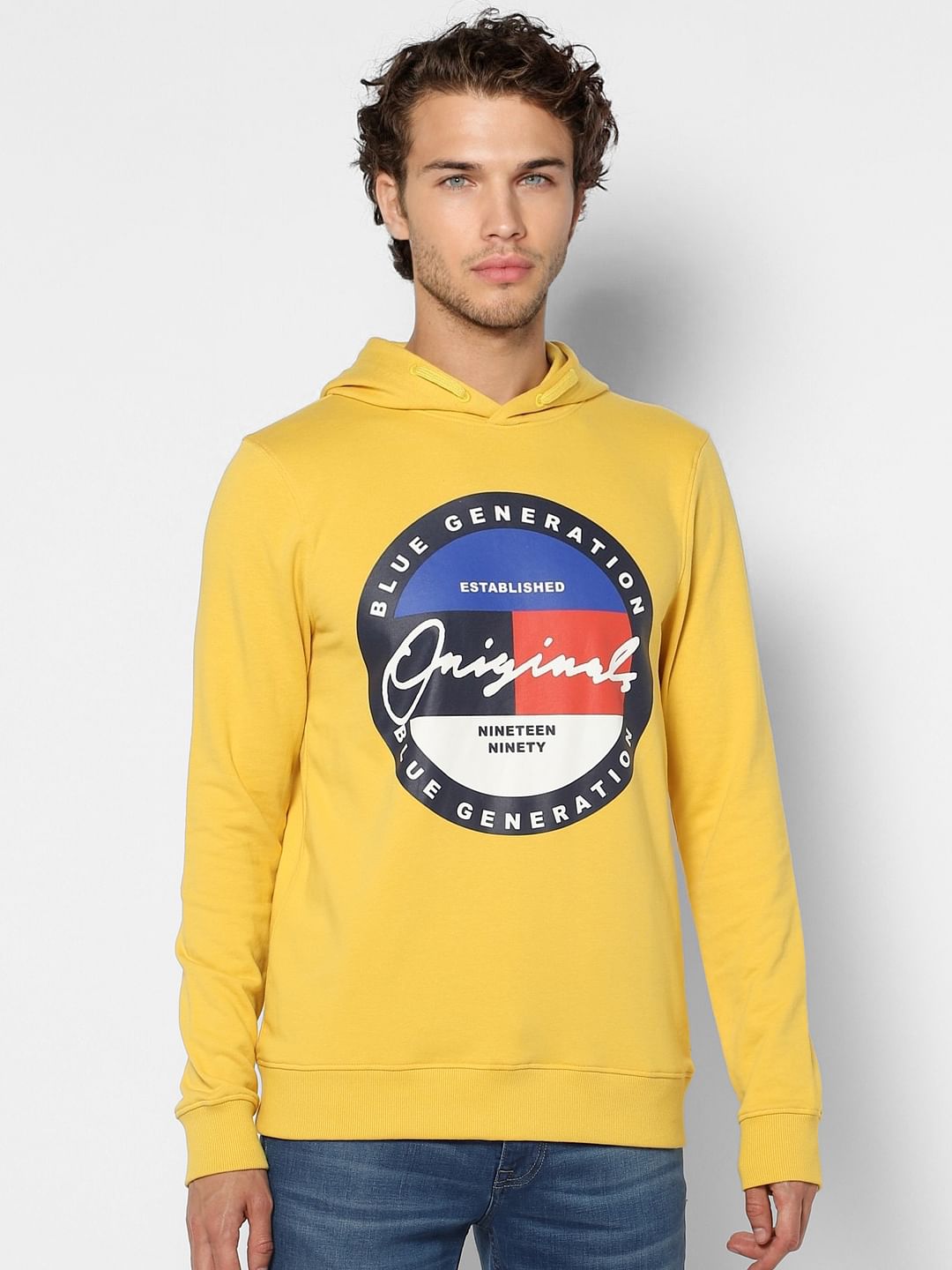 Yellow Graphic Print Hooded Sweatshirt