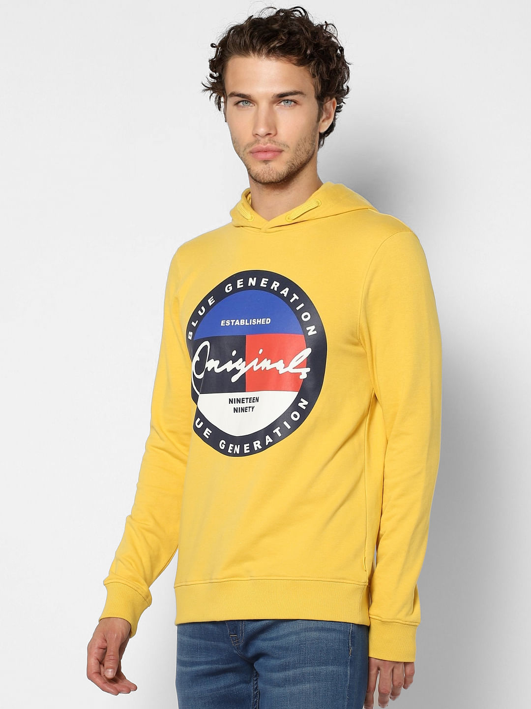 Yellow Graphic Print Hooded Sweatshirt