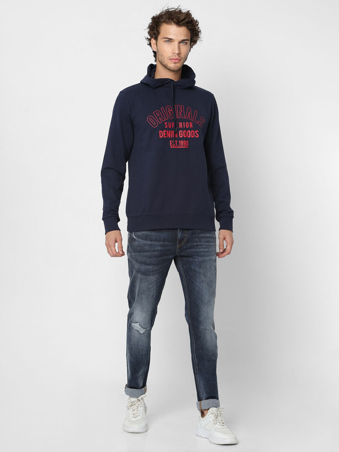 Navy Blue Logo Print Hooded Sweatshirt