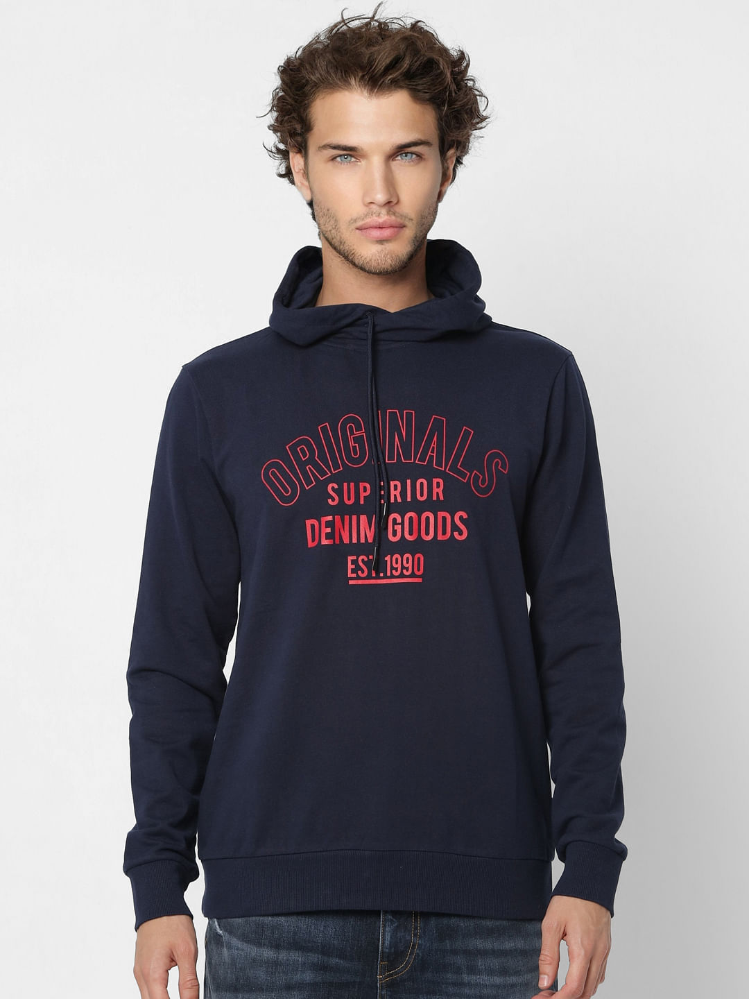 Navy Blue Logo Print Hooded Sweatshirt