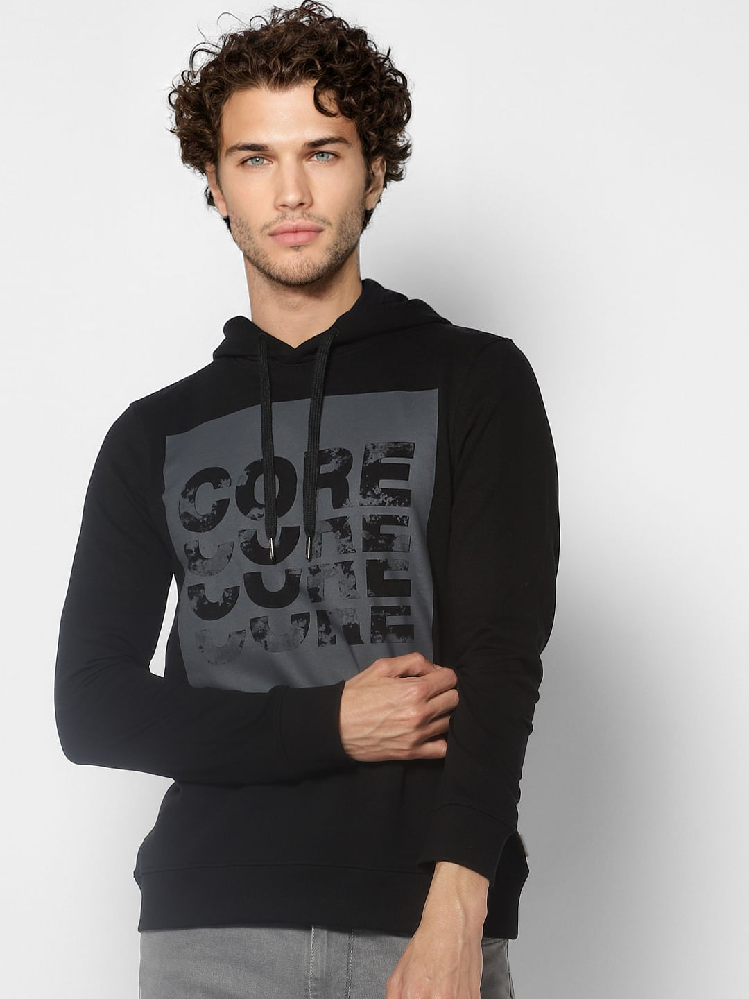 Black Graphic Print Hooded Sweatshirt