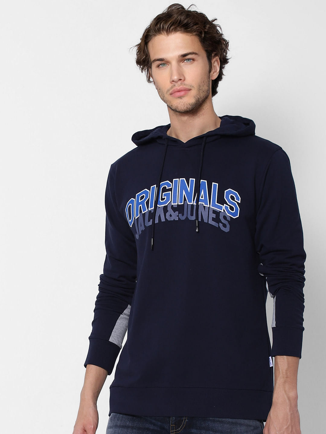Navy Blue Logo Print Hooded Sweatshirt