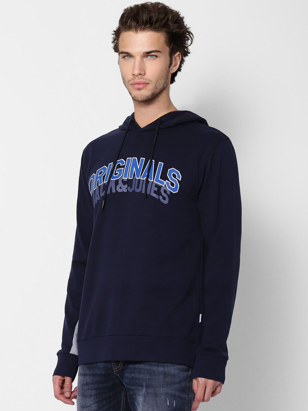 Navy Blue Logo Print Hooded Sweatshirt