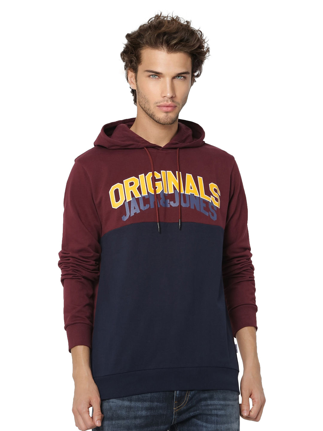 Red Colourblocked Logo Print Hooded Sweatshirt